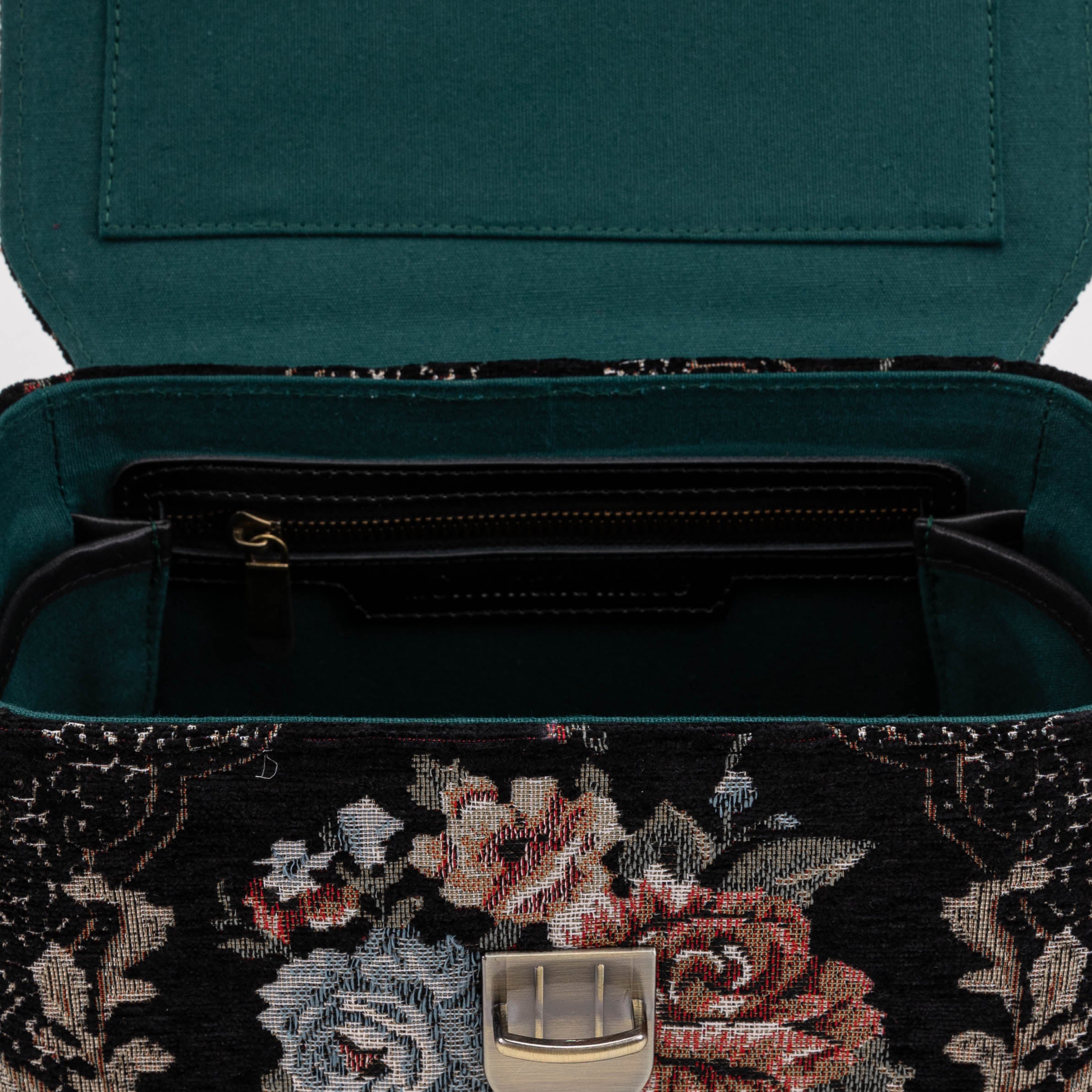 Floral Black Clara Medium Train Case Purse of America inside zipper