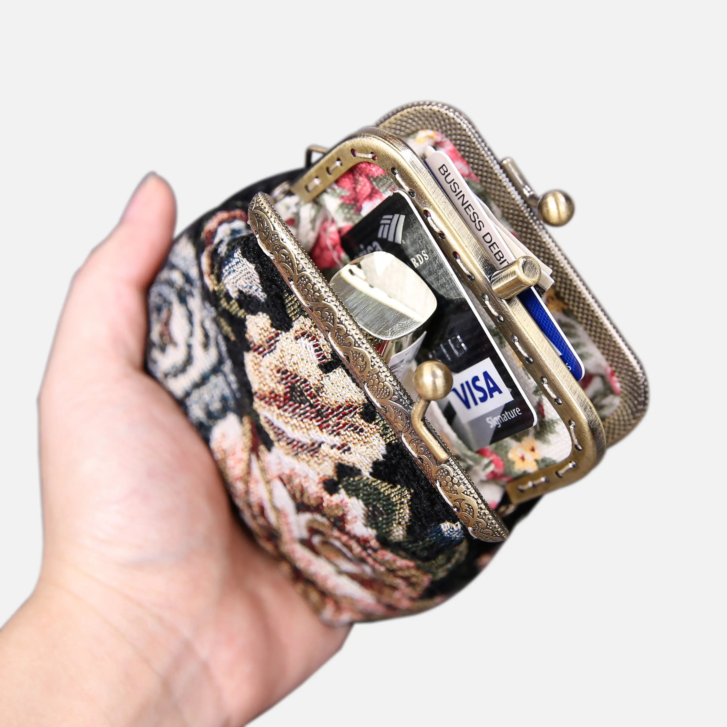 Floral Black Double Kiss Clasp Coin Purse of America in use-1