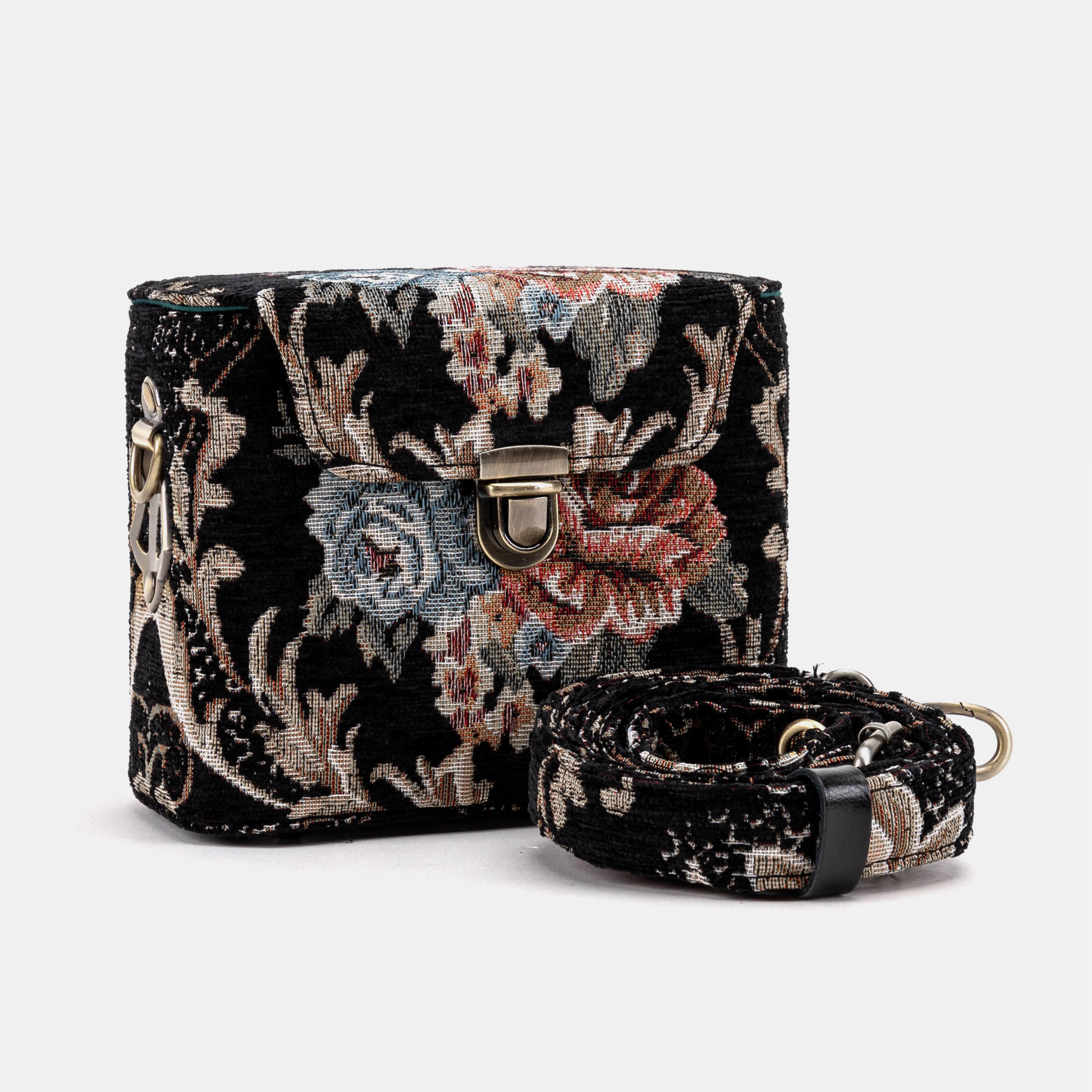 Floral Black Emma Small Train Case Crossbody Of America with shoulder strap