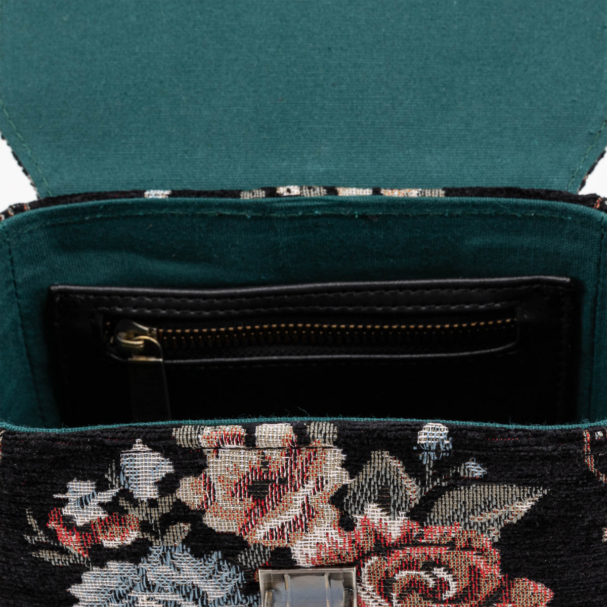Floral Black Emma Small Train Case Crossbody Of America inside zipper