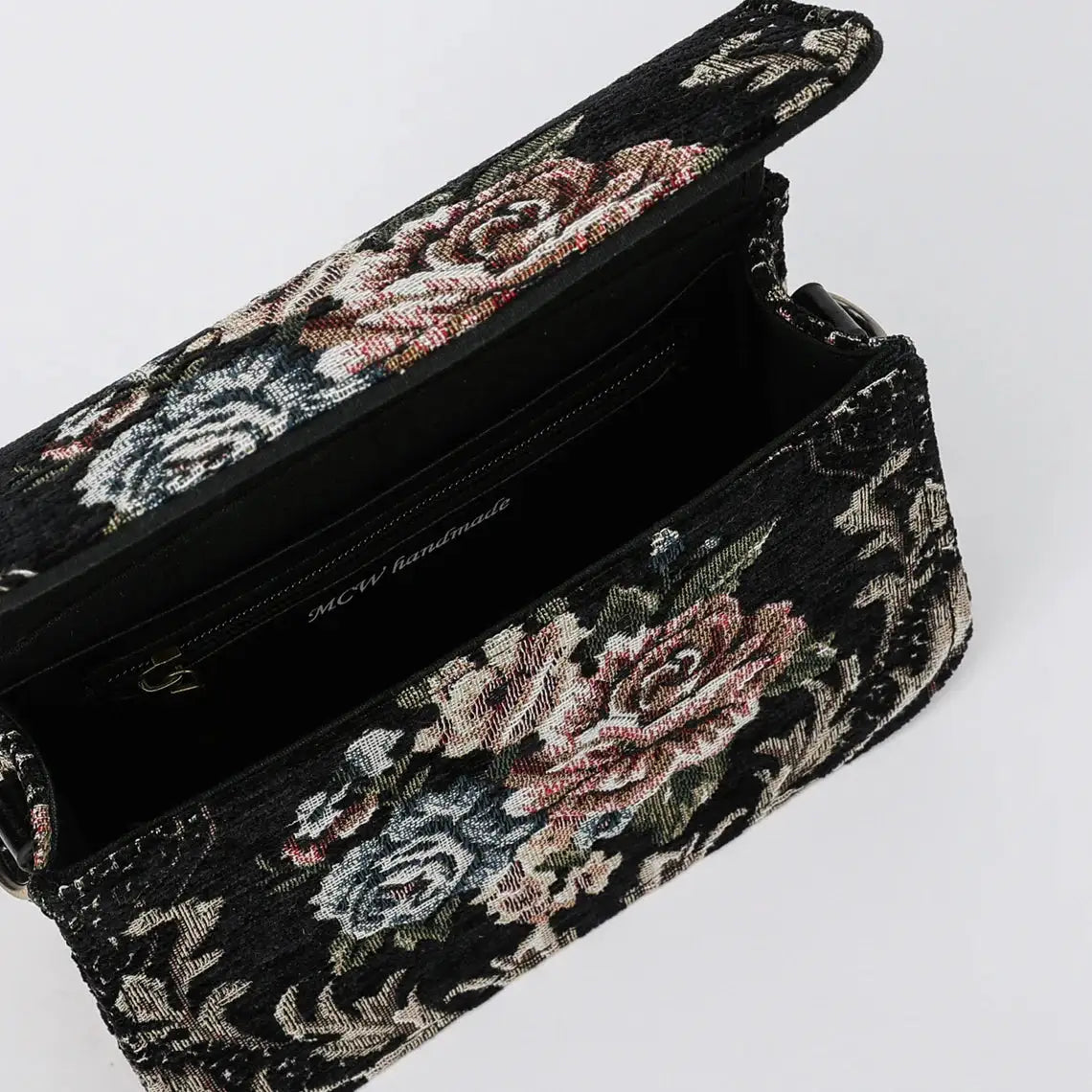 Floral Black Flap Crossbody Bag carpet bag of America opening