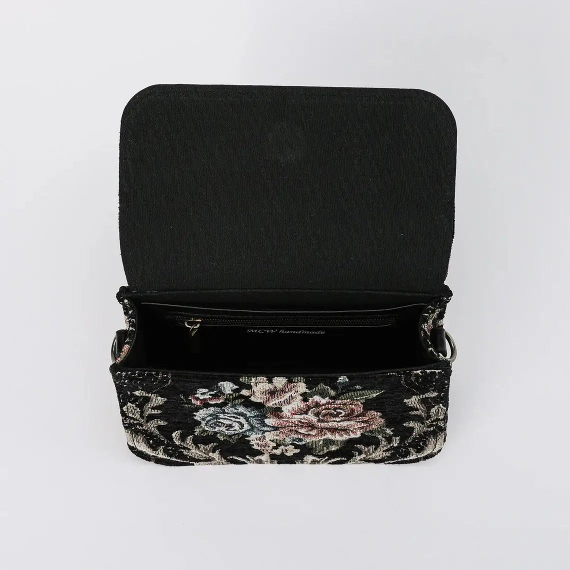 Floral Black Flap Crossbody Bag carpet bag of America inside