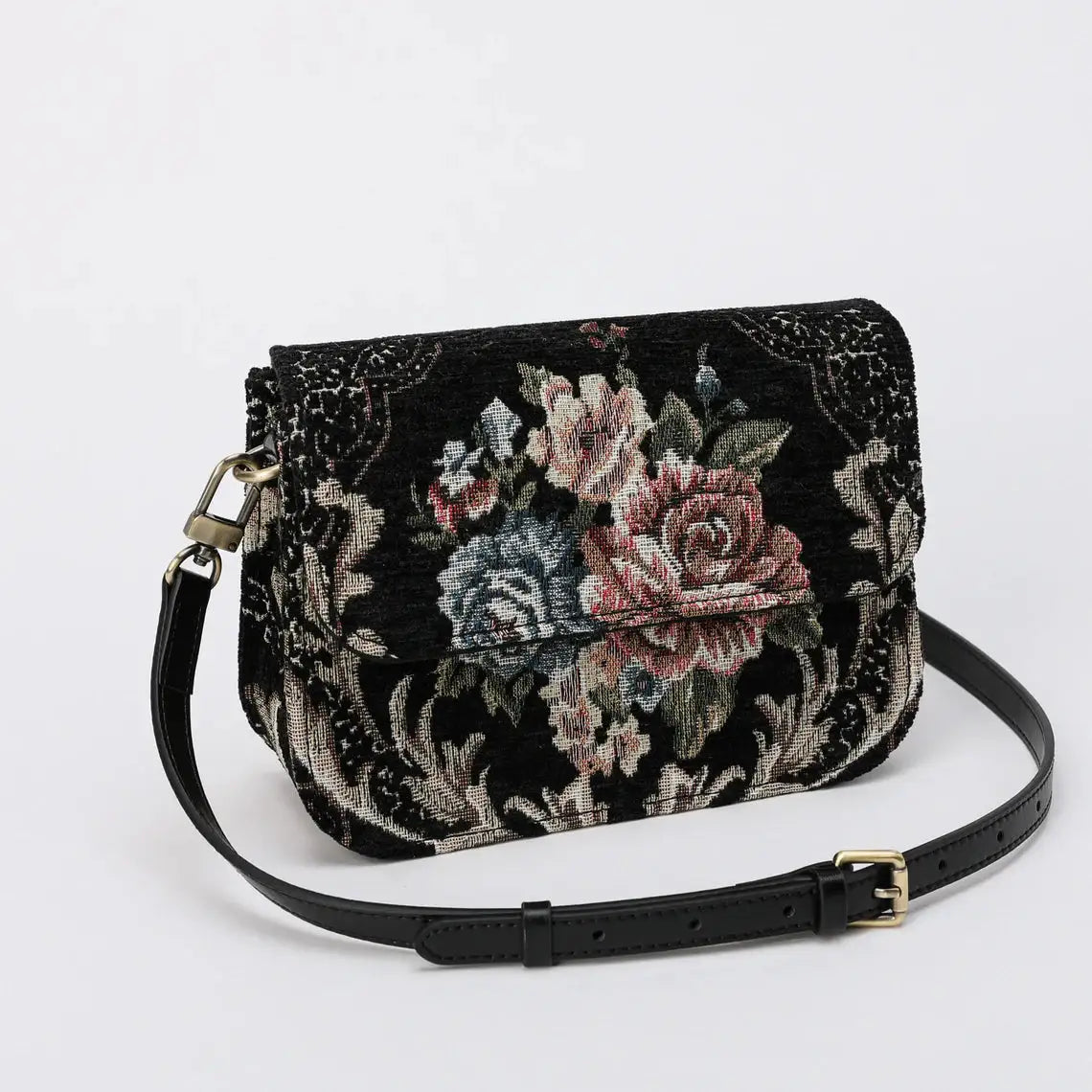 Floral Black Flap Crossbody Bag carpet bag of America front