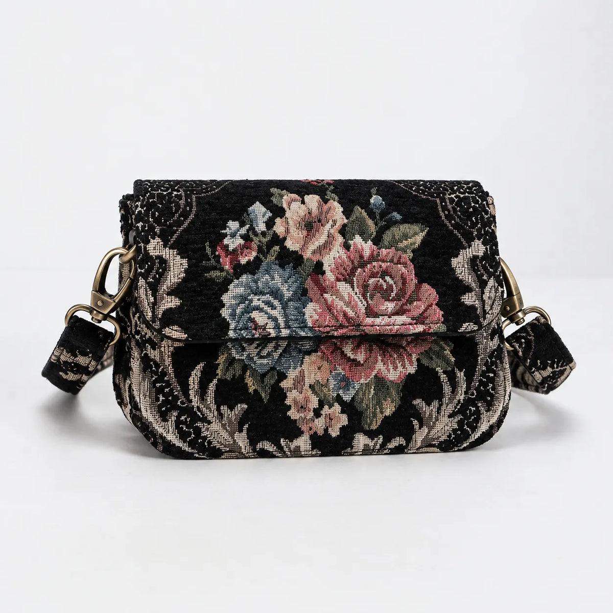 Floral Black Flap Crossbody Bag carpet bag of America main