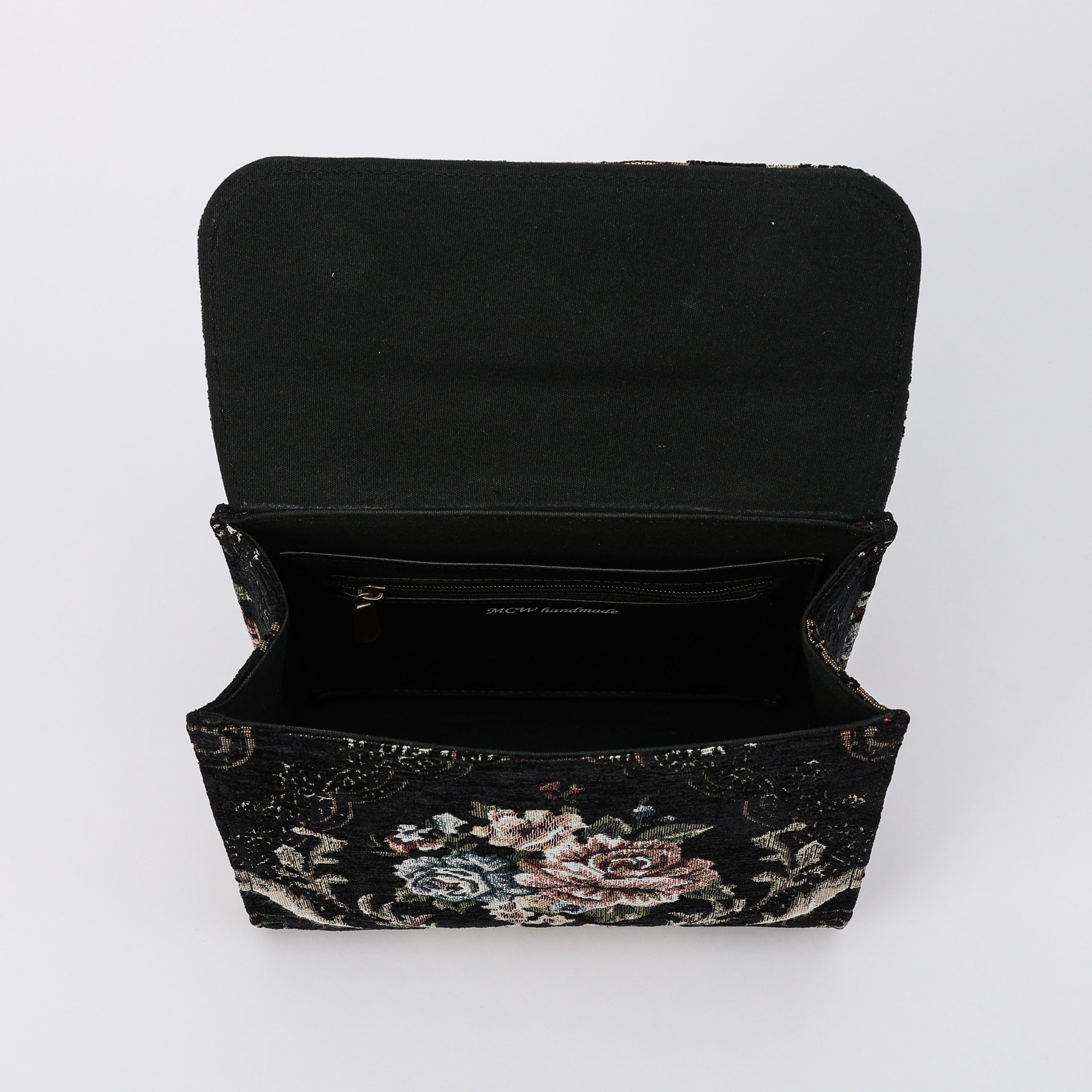 Floral Black Flap Satchel Carpetbag of America inside