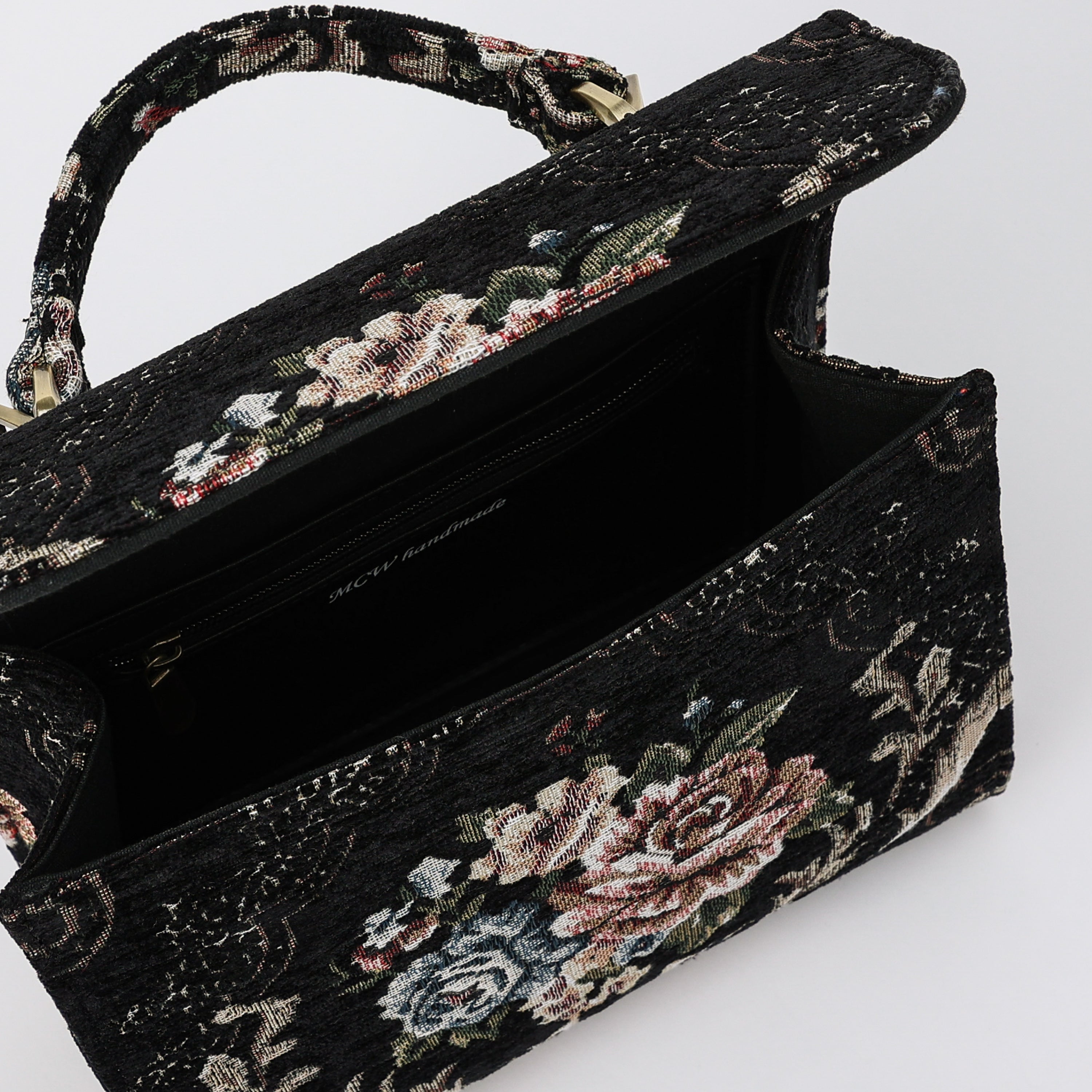 Floral Black Flap Satchel Carpetbag of America opening