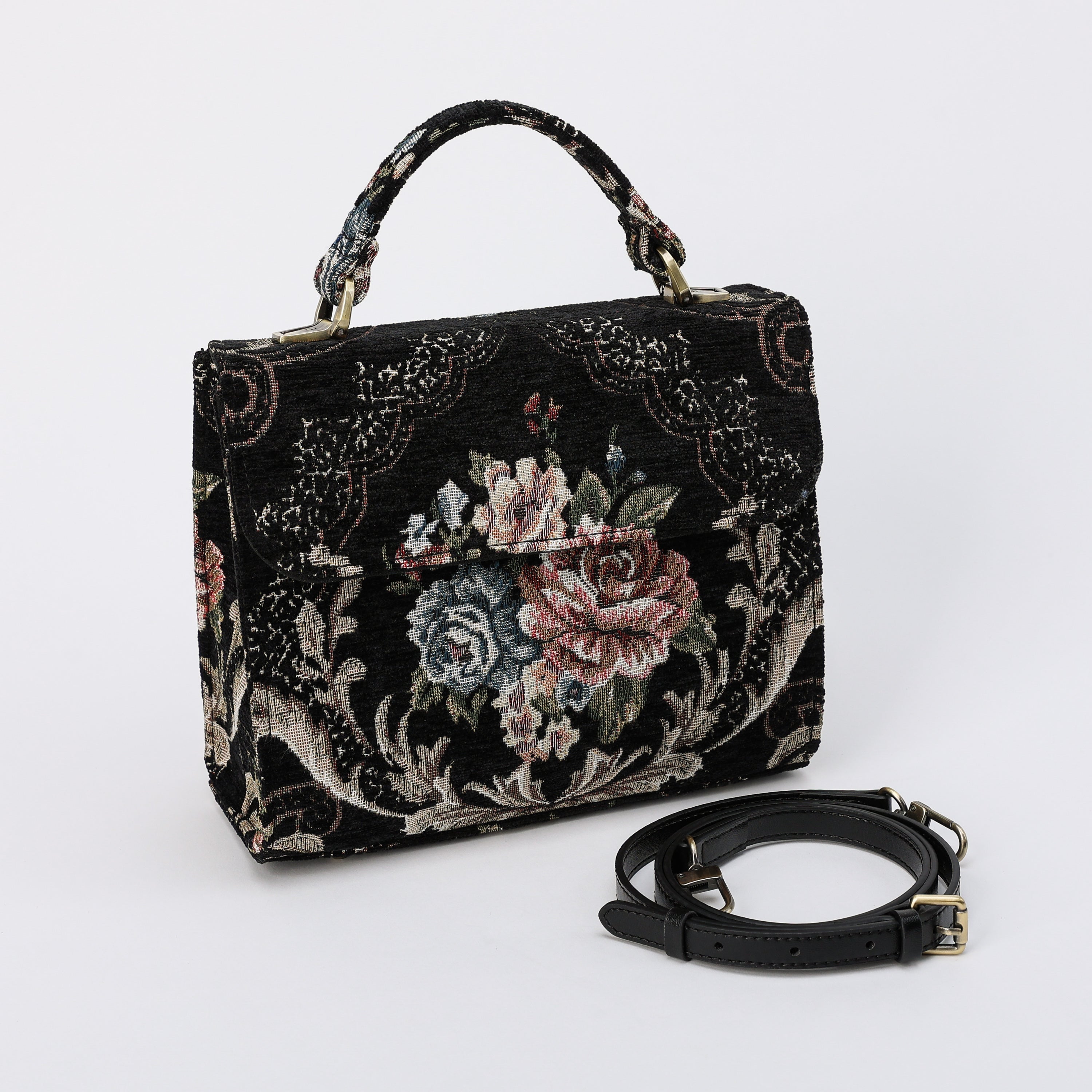 Floral Black Flap Satchel Carpetbag of America front side