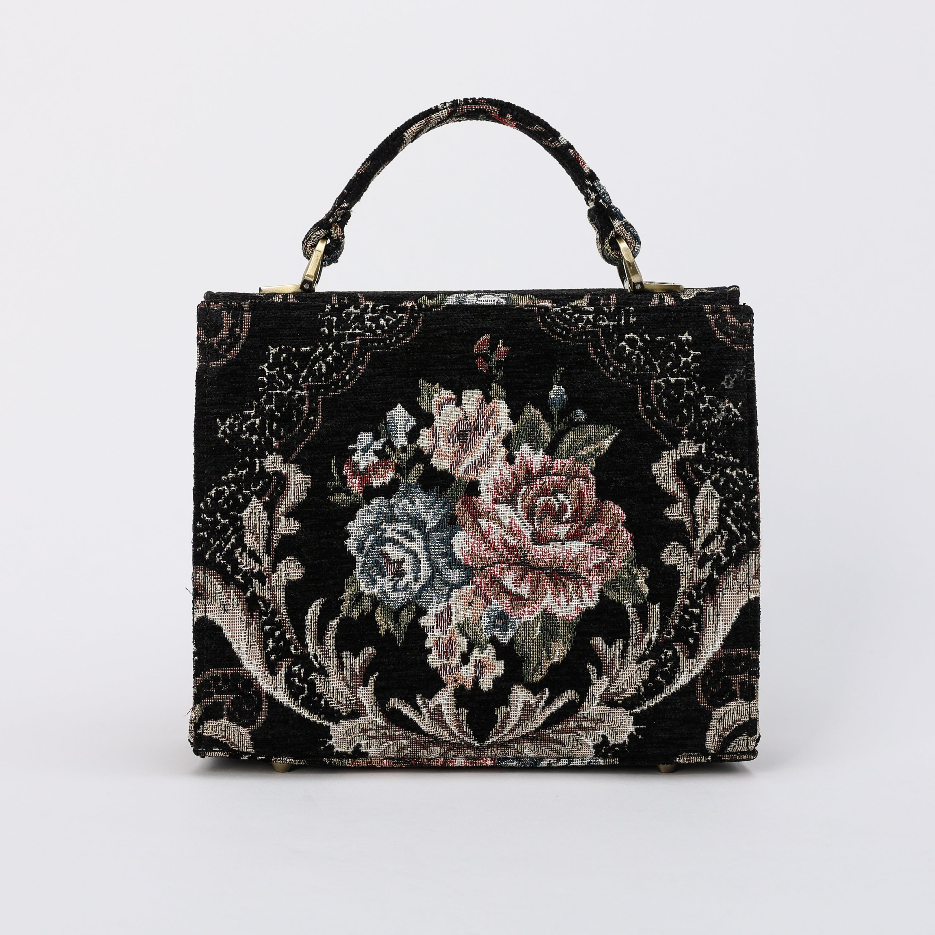 Floral Black Flap Satchel Carpetbag of America back