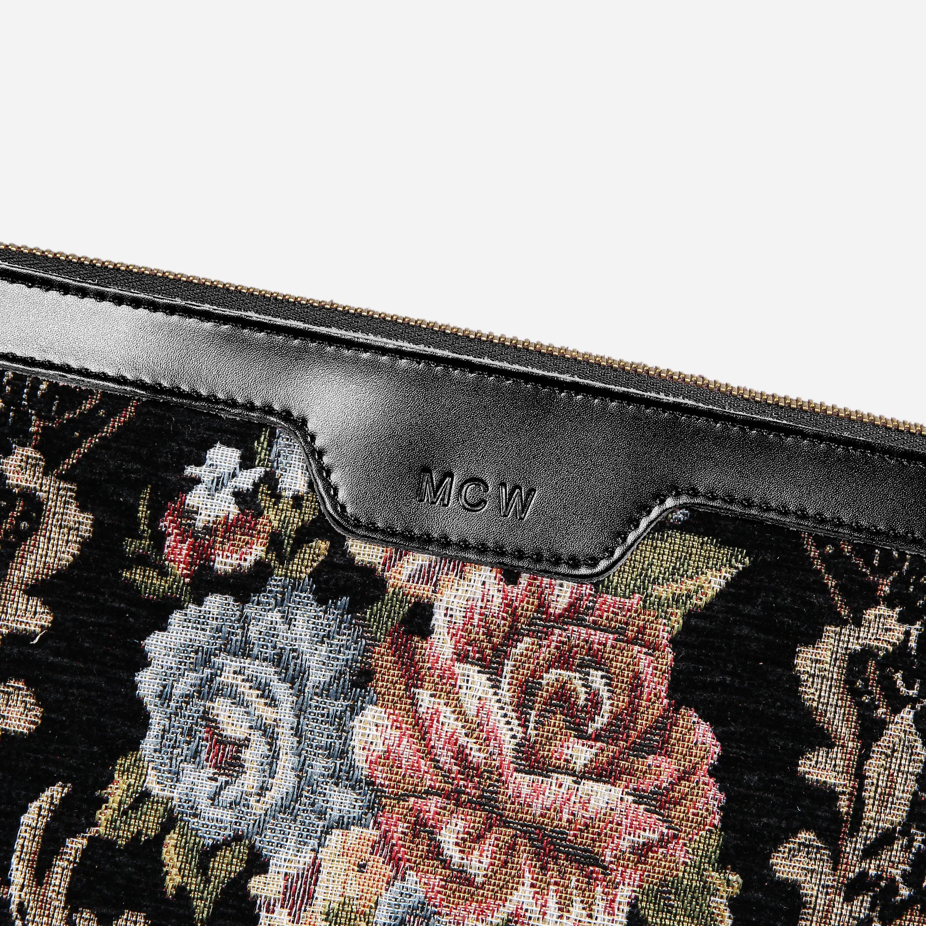 Floral Black Leather Black Carpet Makeup Bag carpet bag MCW Handmade of America details