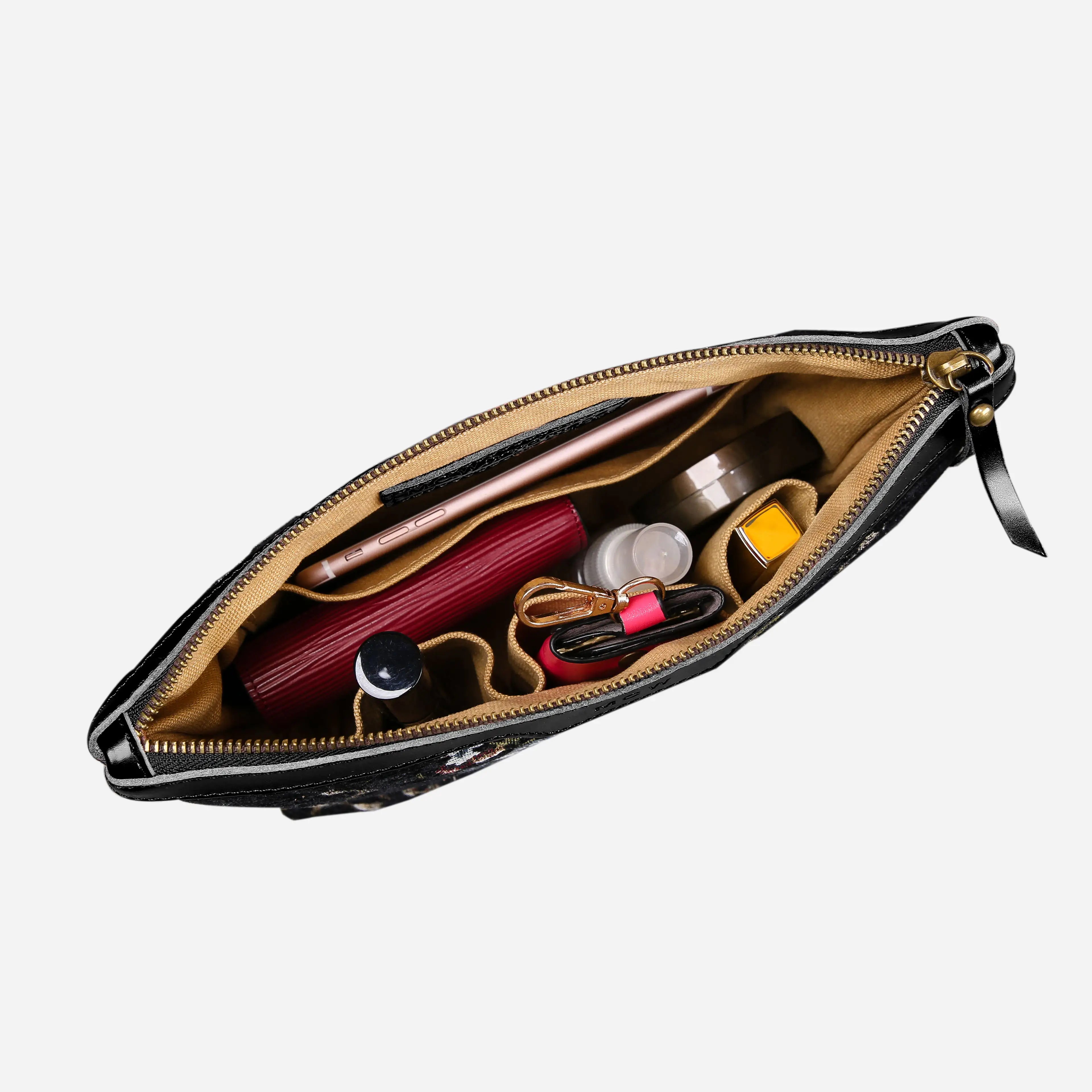 Floral Black Leather Black Carpet Makeup Bag carpet bag MCW Handmade of America in use