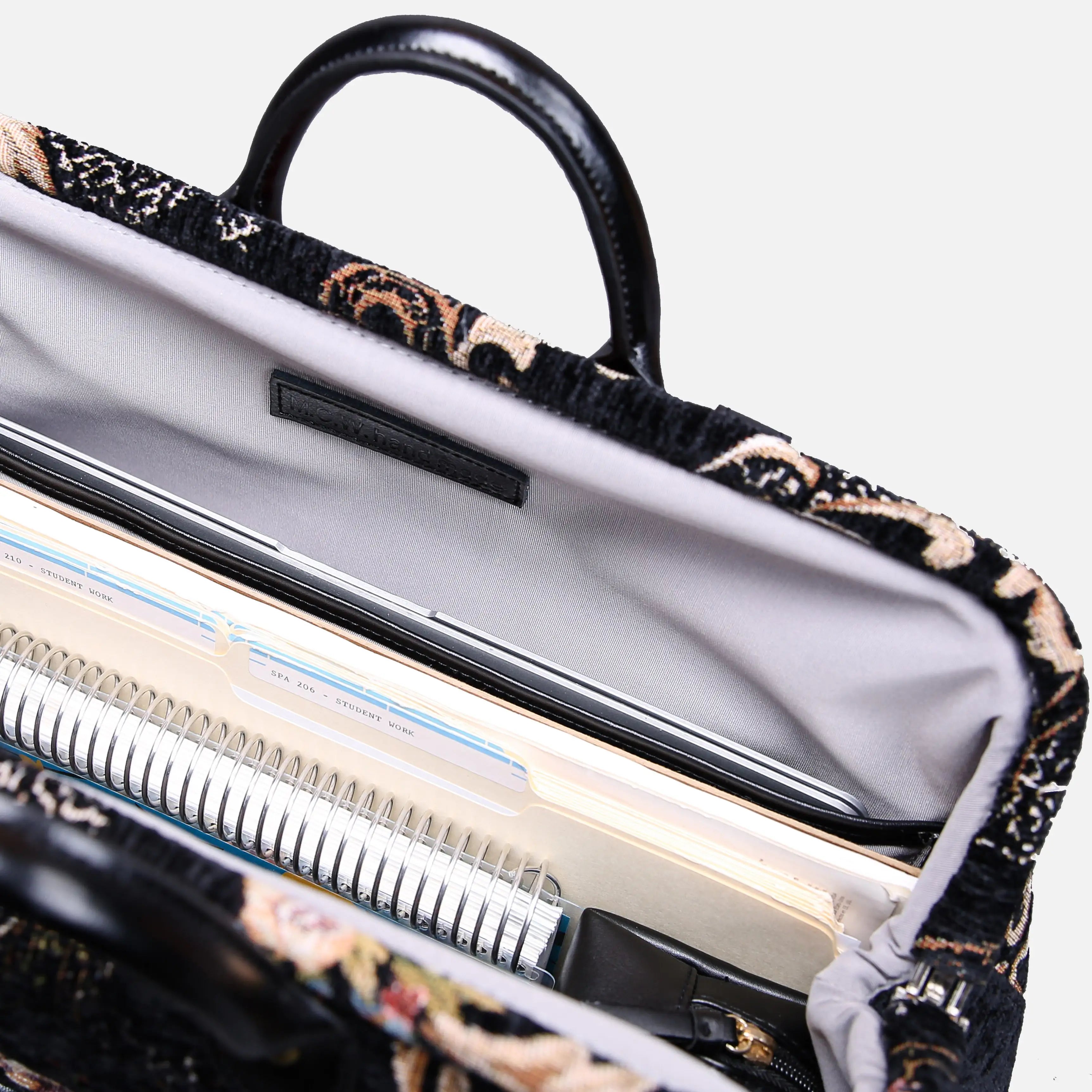 Floral Black Leather Black Laptop Work Bag carpet bag of America inside details