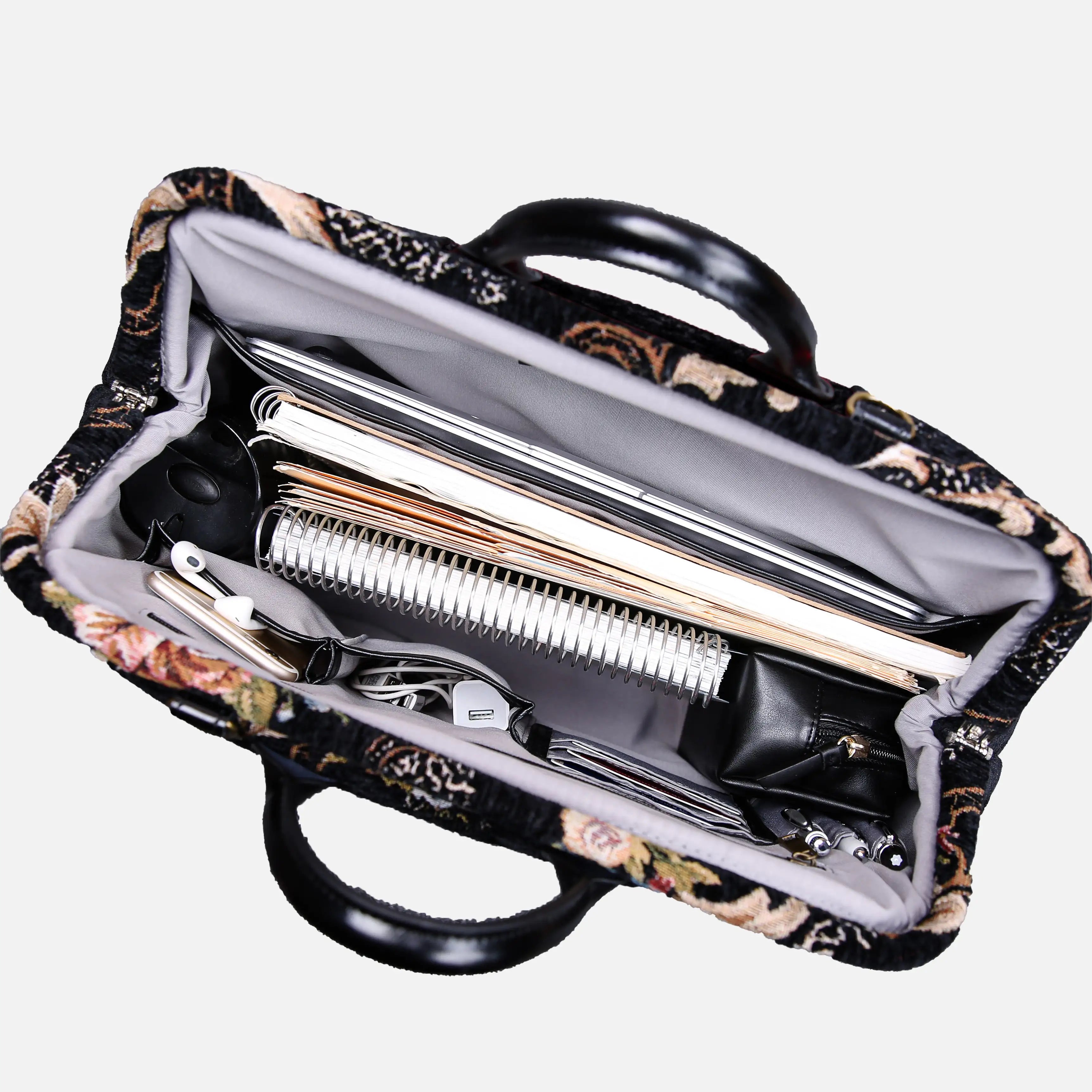 Floral Black Leather Black Laptop Work Bag carpet bag of America in use
