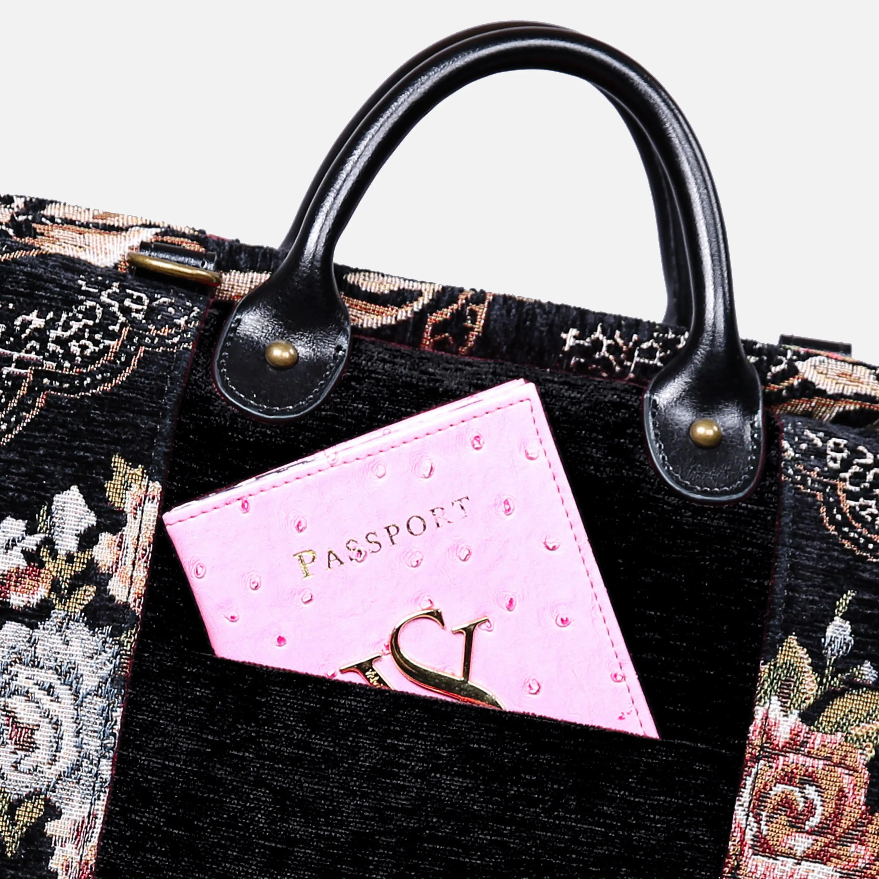 Floral Black Leather Black Laptop Work Bag carpet bag of America back details