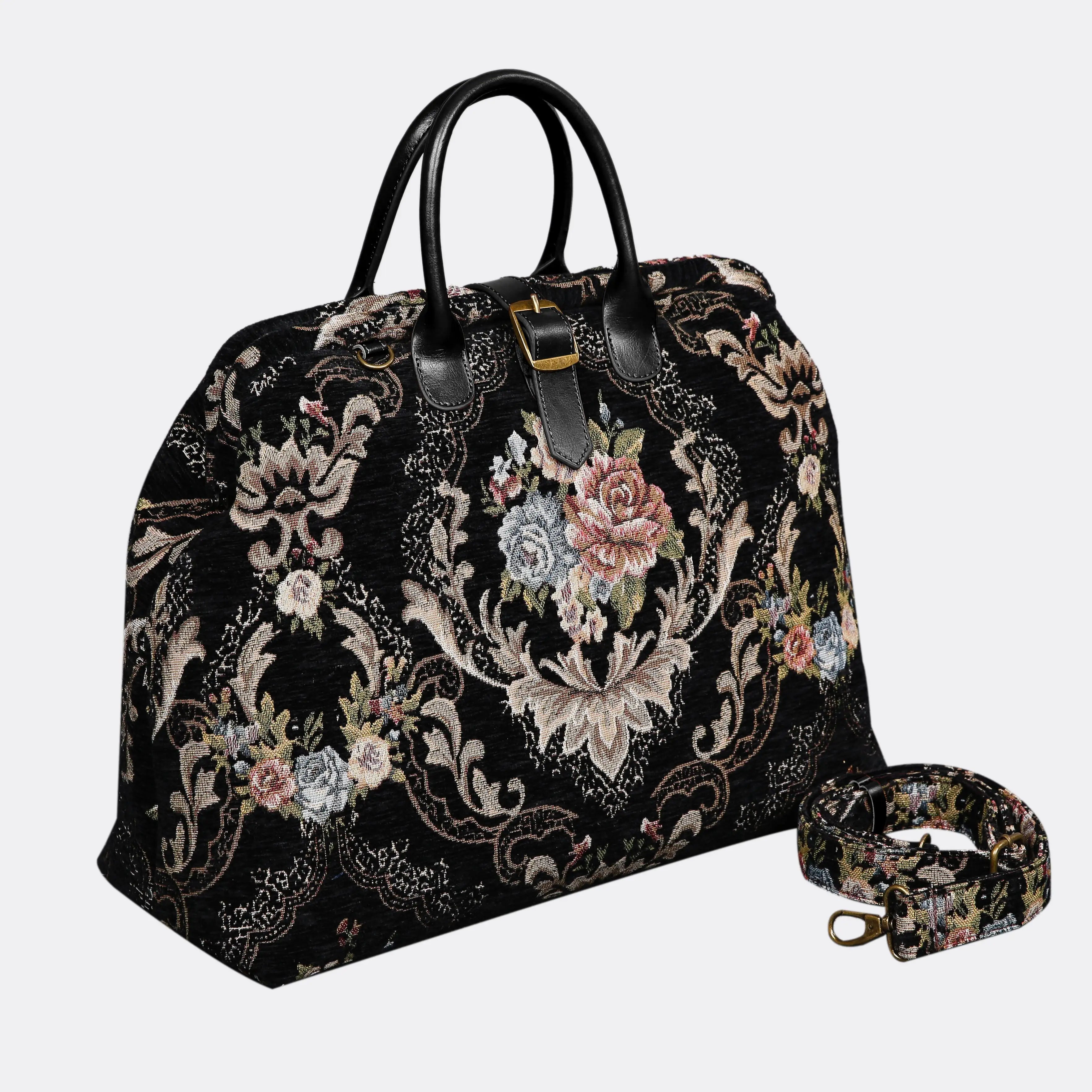 Floral Black Leather Black Mary Poppins Weekender Carpetbag of America with shoulder strap
