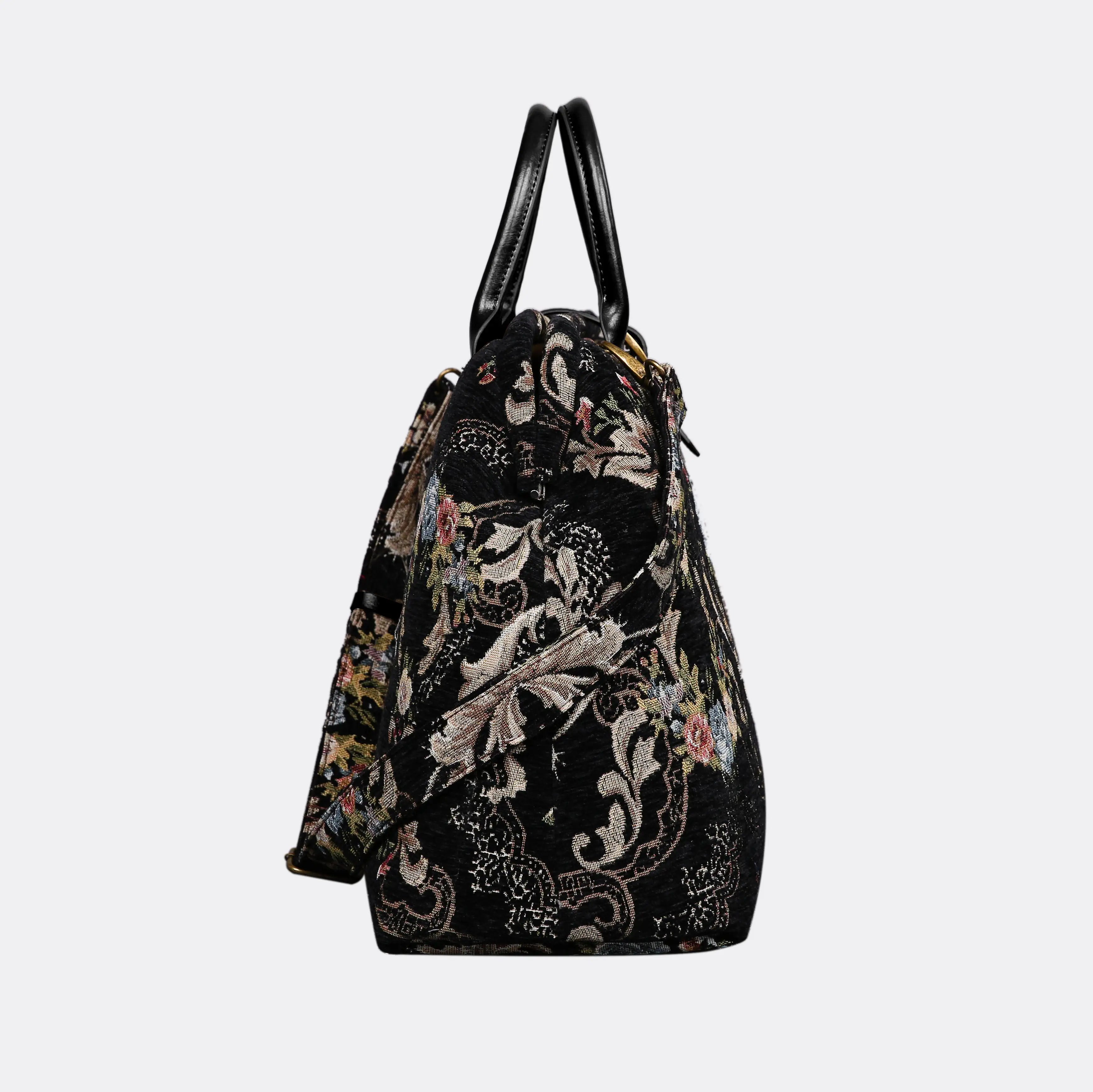 Floral Black Leather Black Mary Poppins Weekender Carpetbag of America side