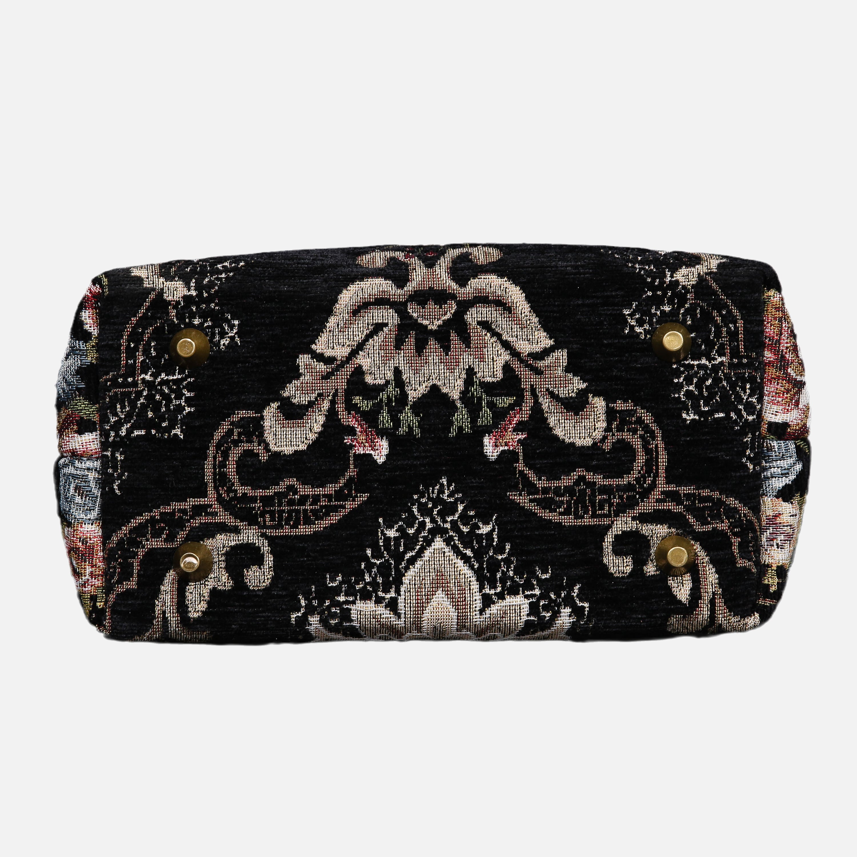Floral Black Leather Black Tuck Lock Carpet Satchel carpet bag MCW Handmade of America bottom