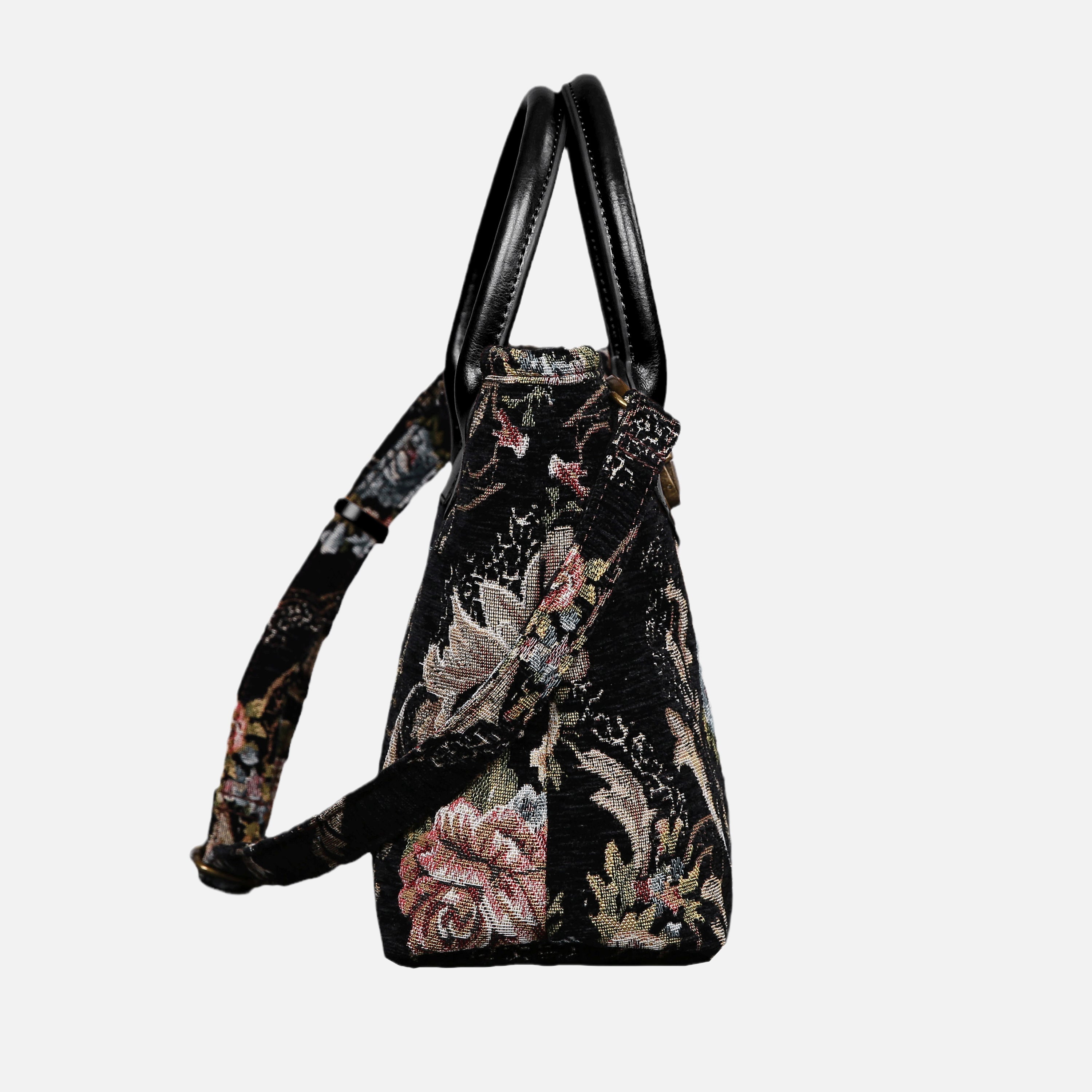 Floral Black Leather Black Tuck Lock Carpet Satchel carpet bag MCW Handmade of America side