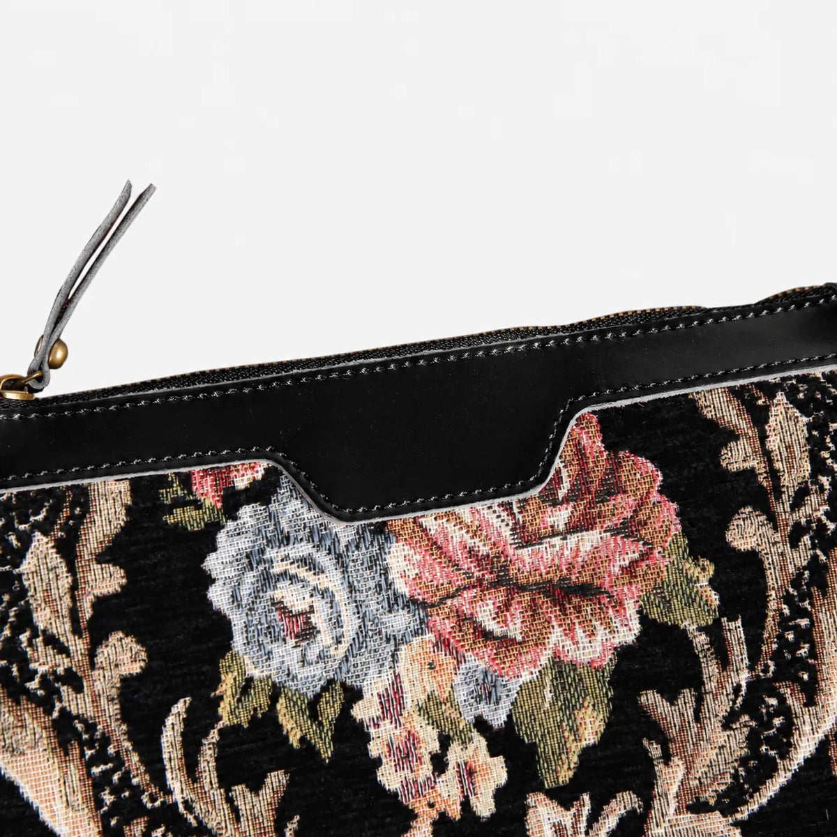 Floral Black Leather Black Wristlet Clutch carpet bag MCW Handmade leather part