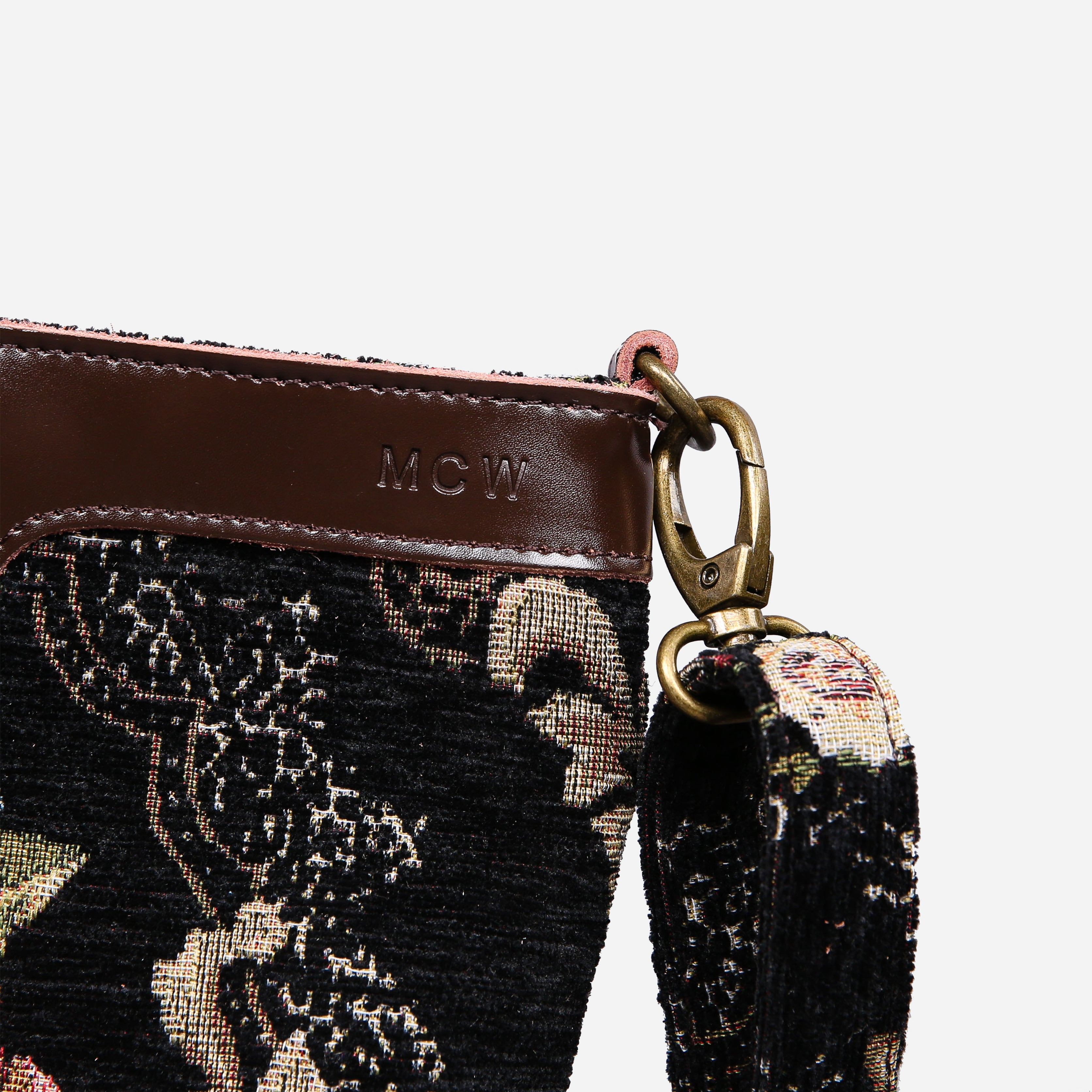 Floral Black Leather Brown Carpet Crossbody Bag carpet bag MCW Handmade of America details