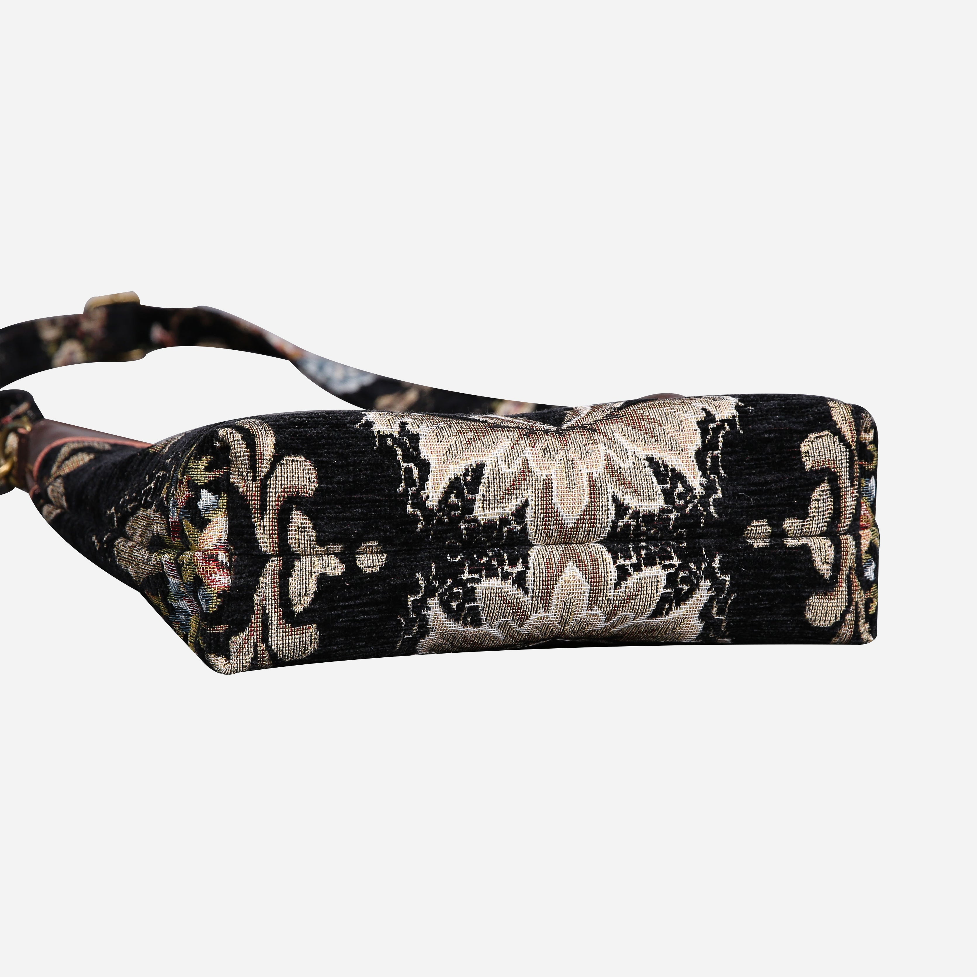 Floral Black Leather Brown Carpet Crossbody Bag carpet bag MCW Handmade of America bottom