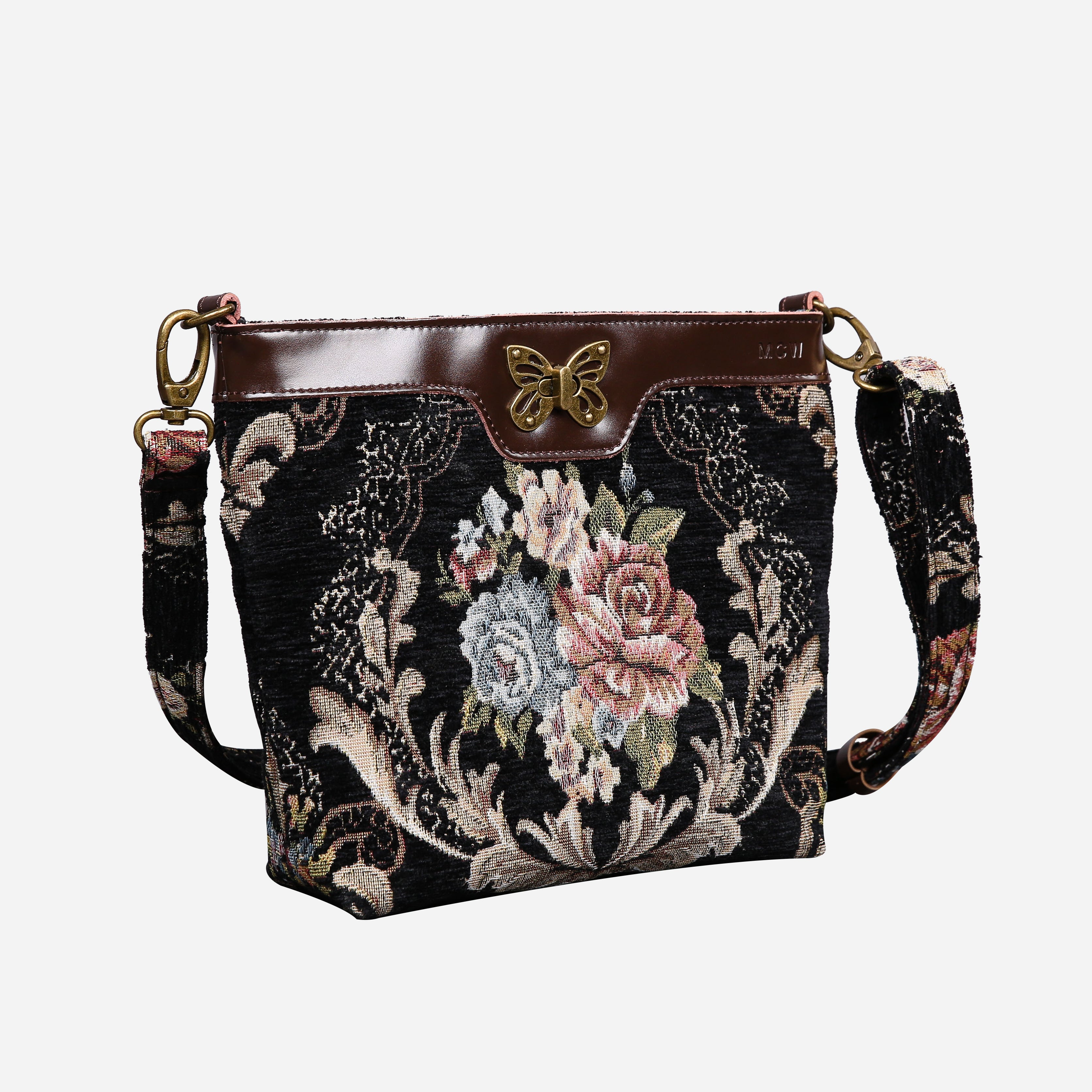 Floral Black Leather Brown Carpet Crossbody Bag carpet bag MCW Handmade of America front