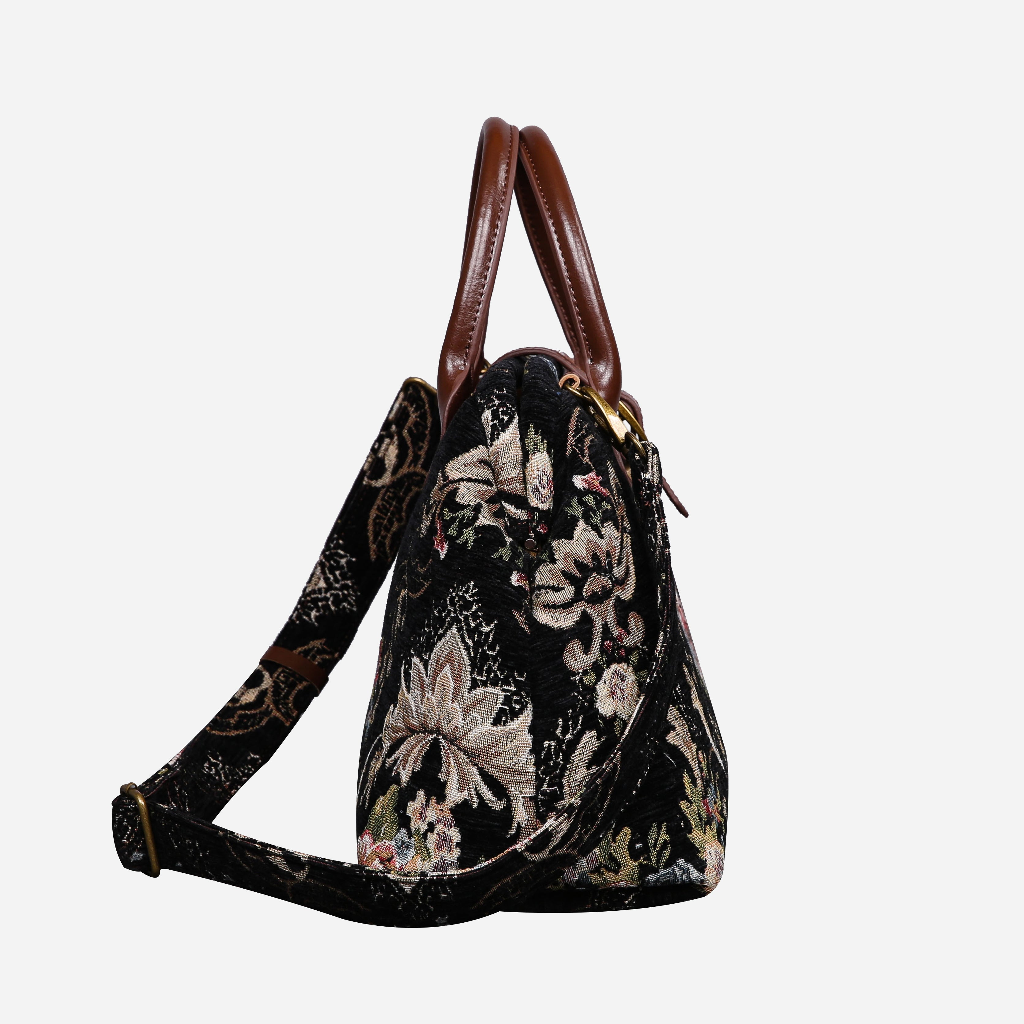 Floral Black Leather Brown Carpet Handbag Purse carpet bag MCW Handmade of America side