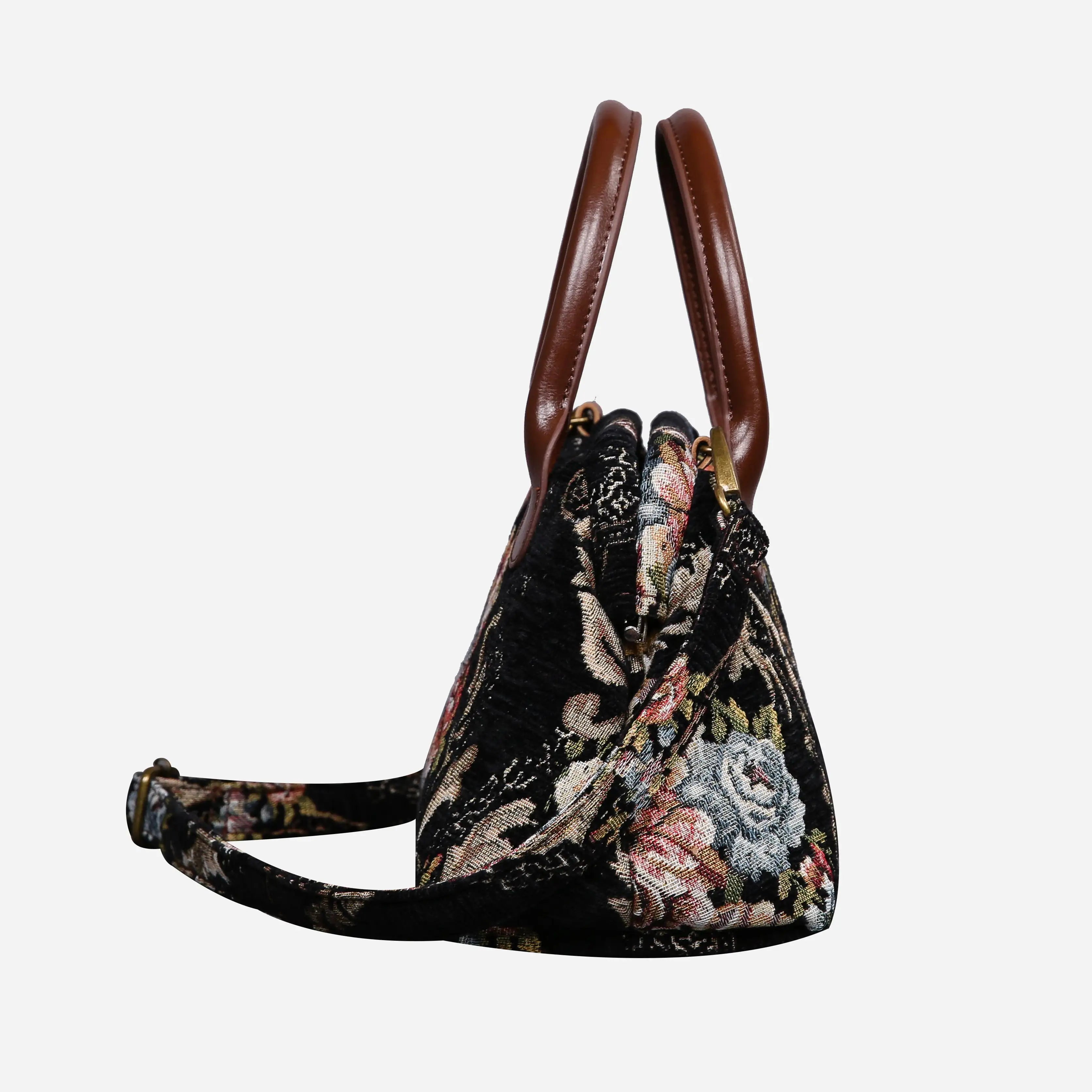 Floral Black Leather Brown Carpet Satchel carpet bag MCW Handmade of America side