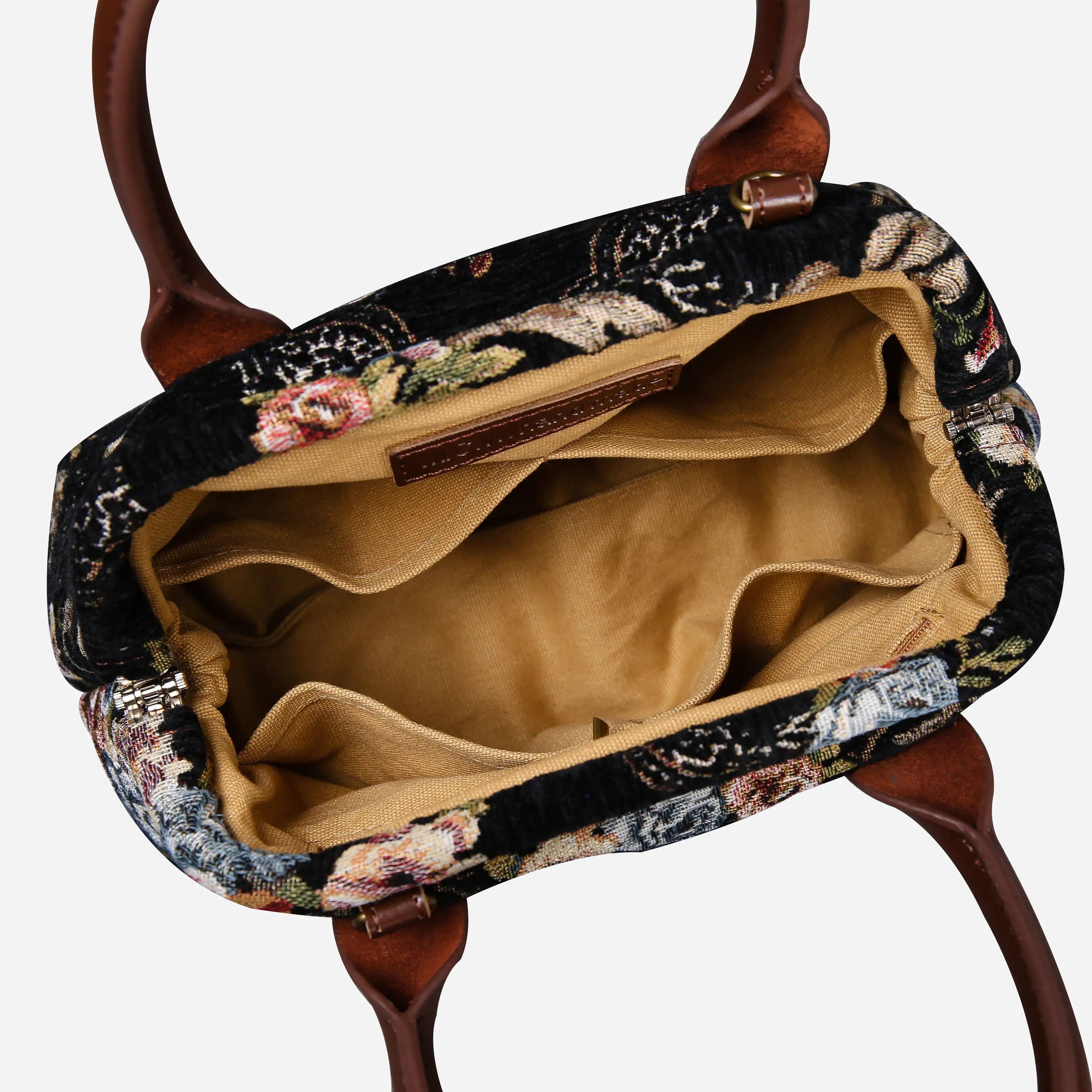 Floral Black Leather Brown Carpet Satchel carpet bag MCW Handmade of America open
