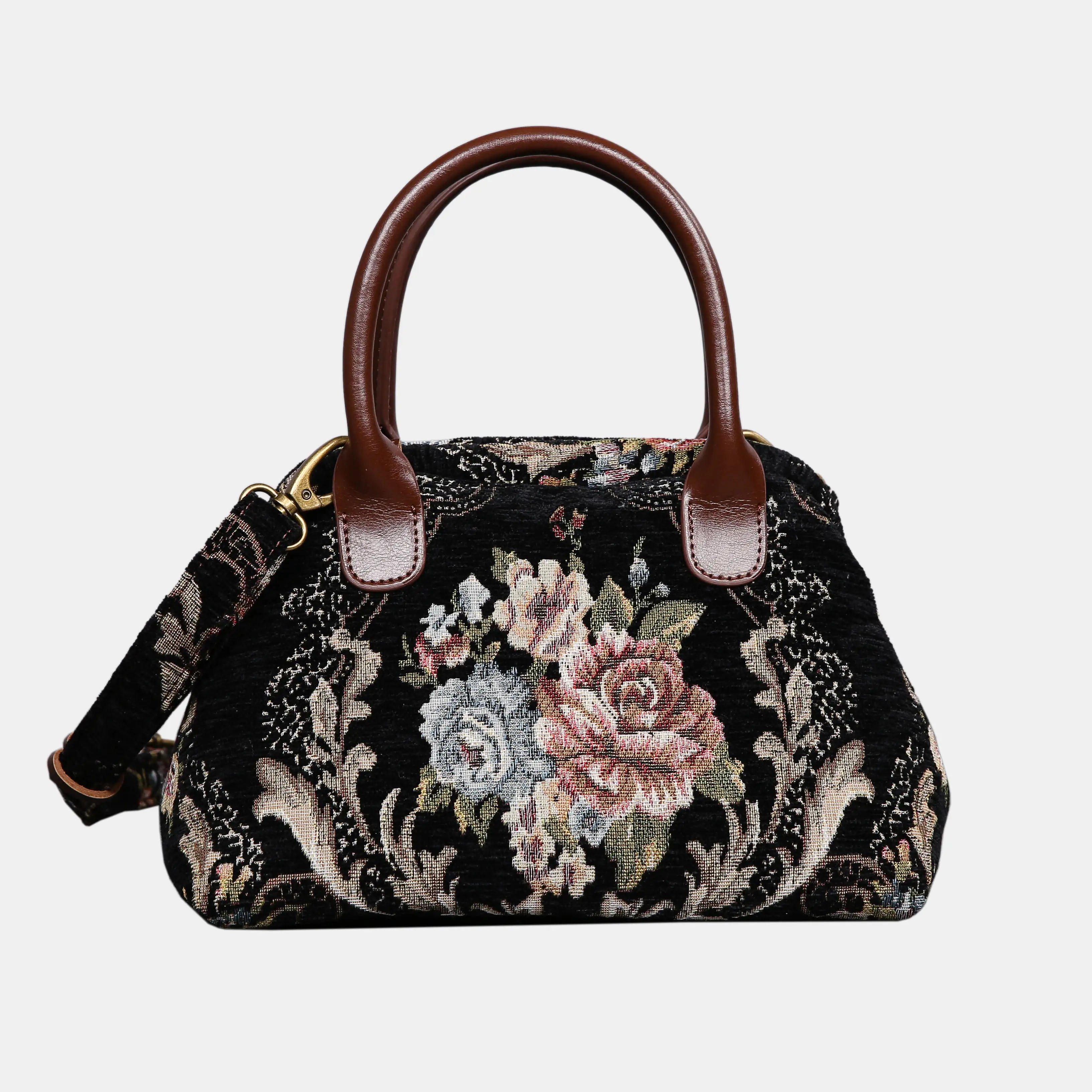 Floral Black Leather Brown Carpet Satchel carpet bag MCW Handmade of America main