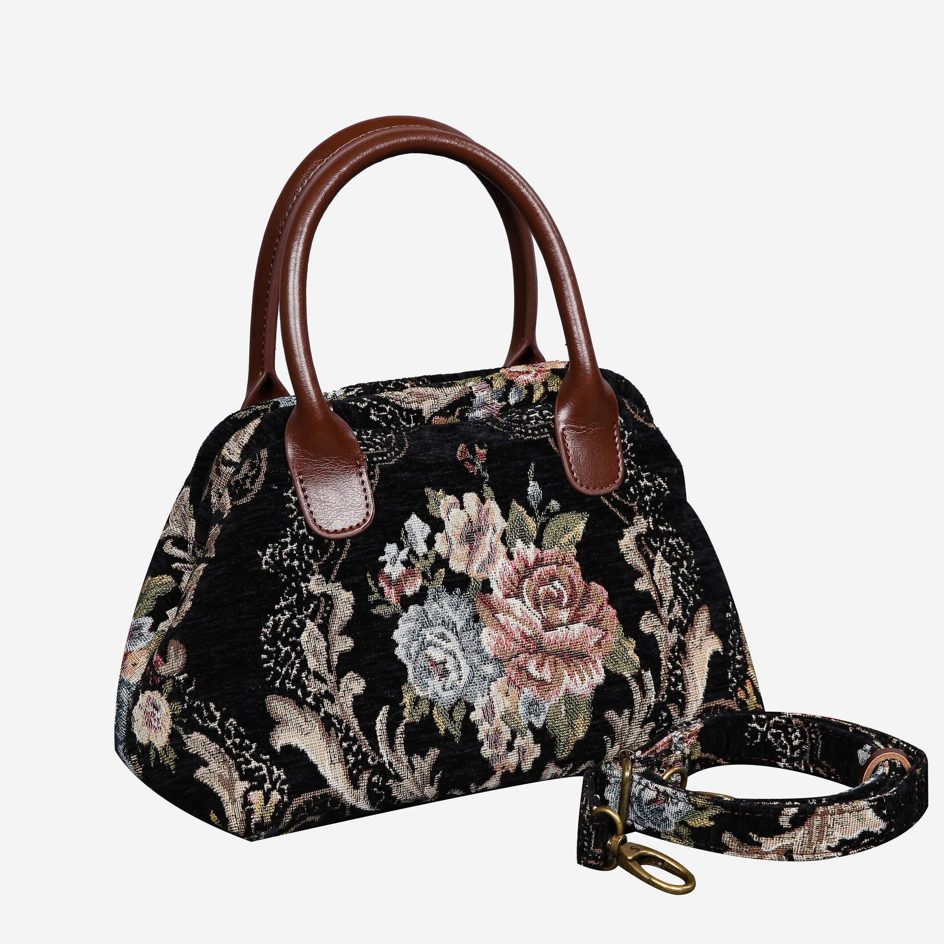 Floral Black Leather Brown Carpet Satchel carpet bag MCW Handmade of America with strap