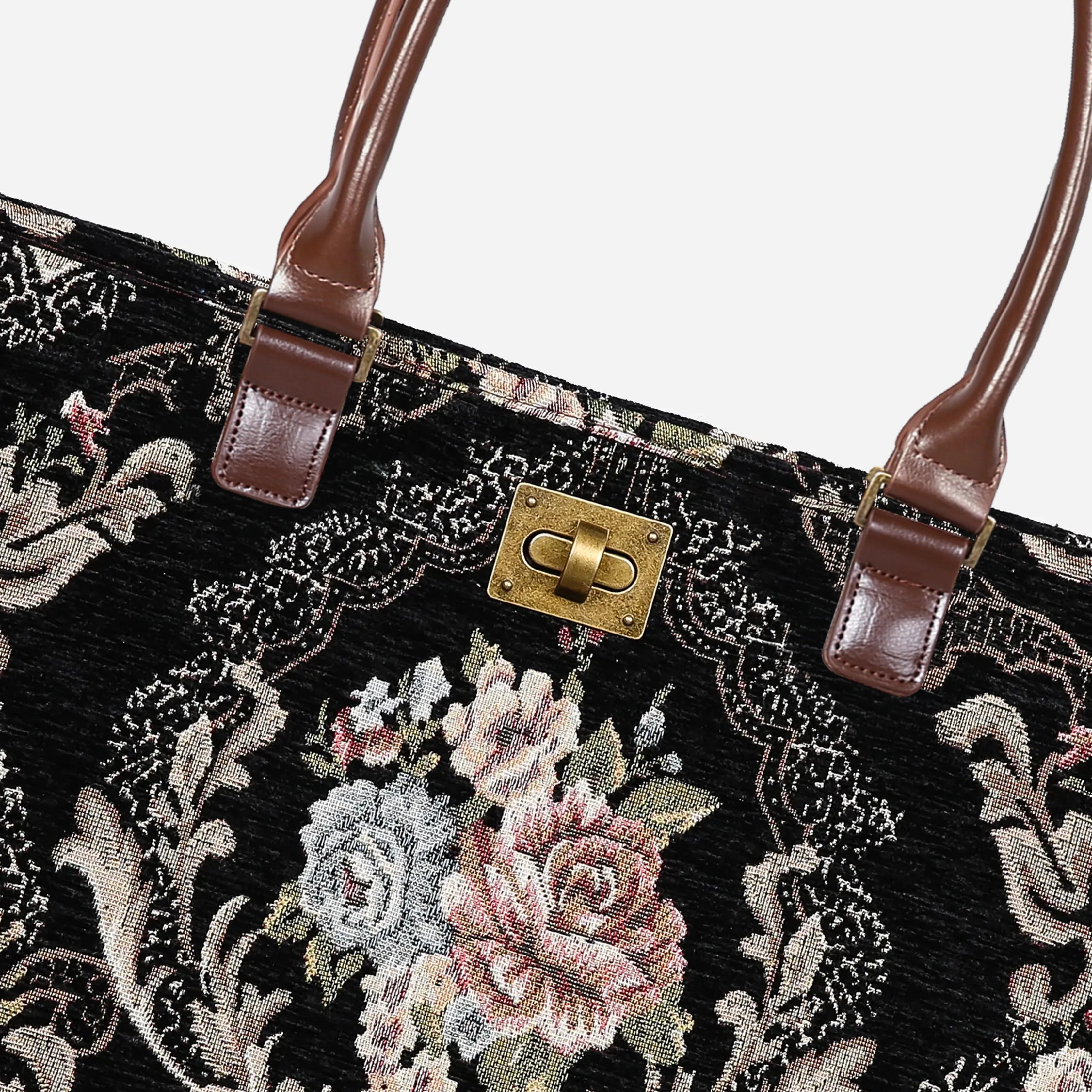 Floral Black Carpet Tote Shopper Carpetbag of America closure