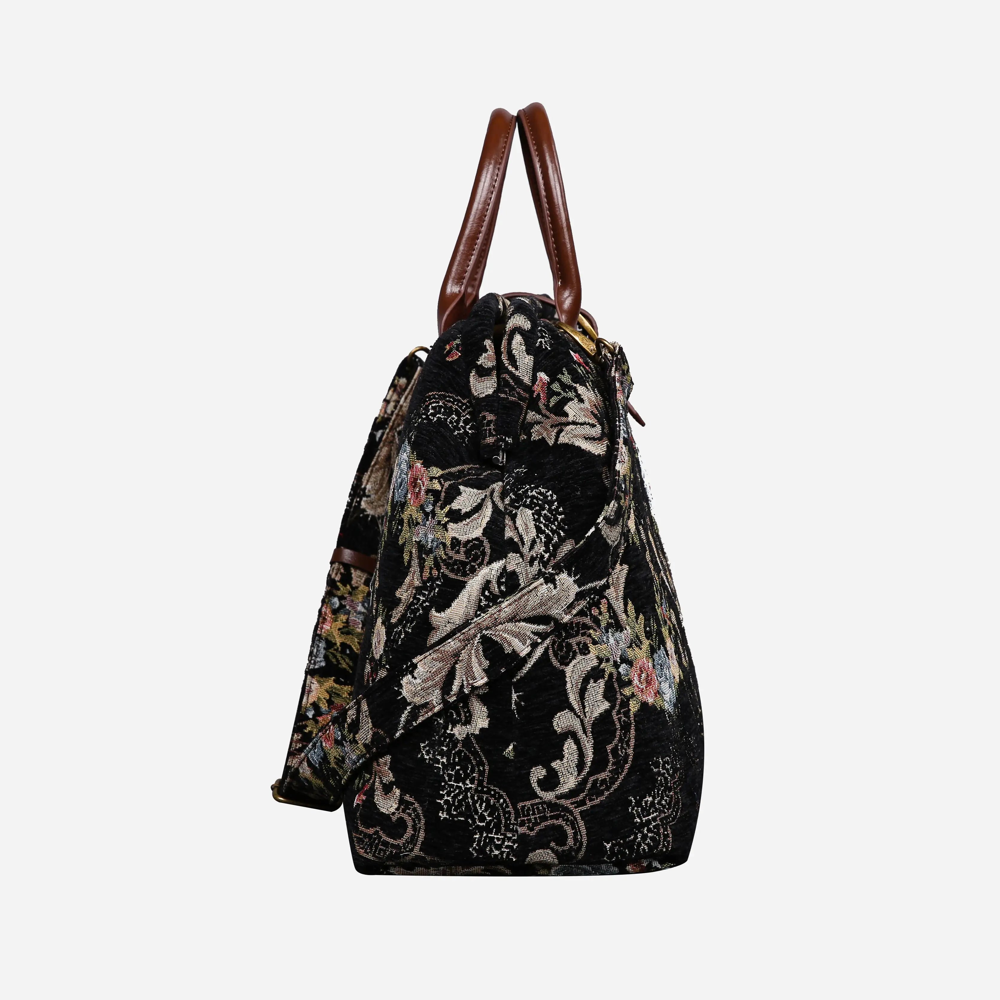 Floral Black Leather Brown Mary Poppins Weekender Carpetbag of America side