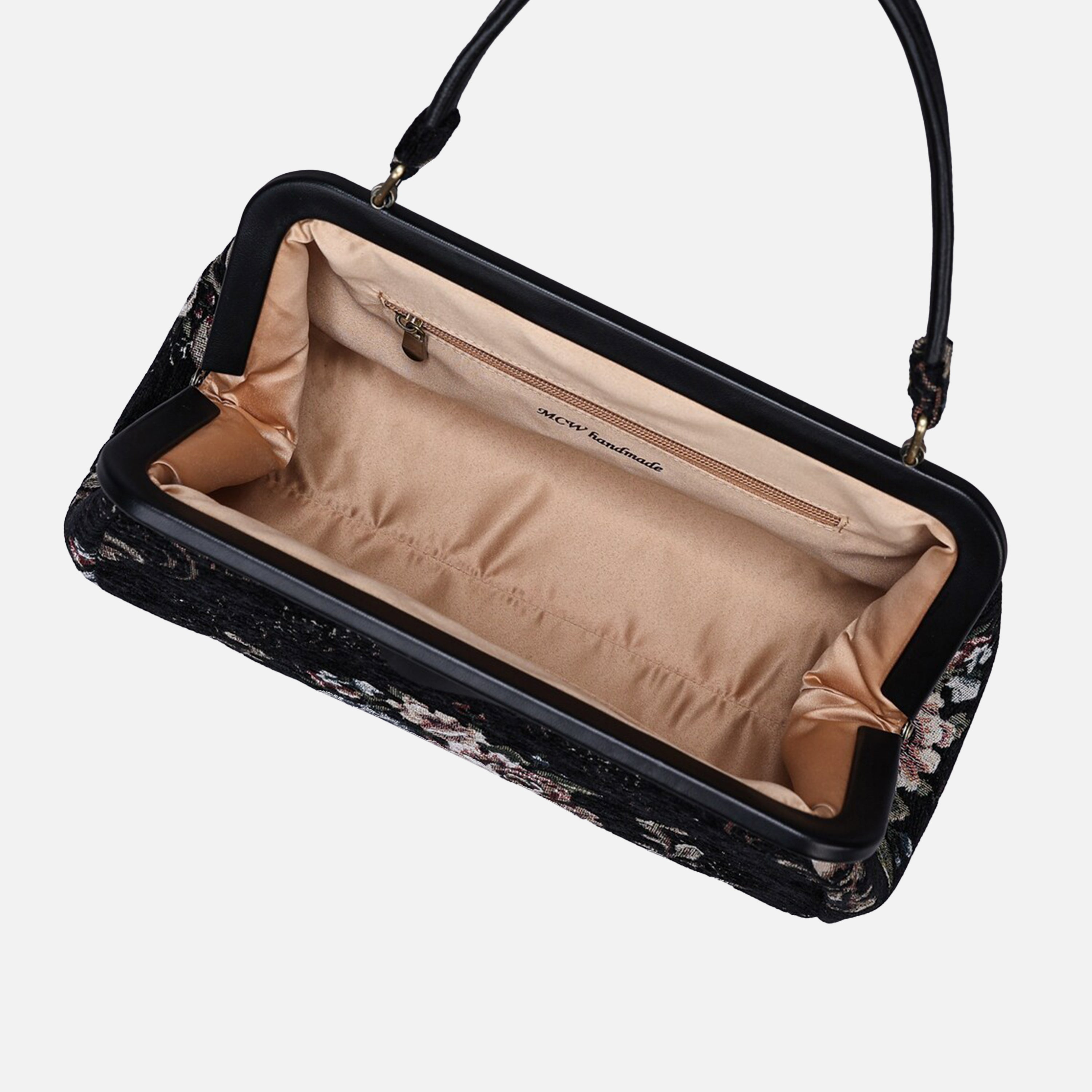 Floral Black Top Handle Purse carpet bag of America inside