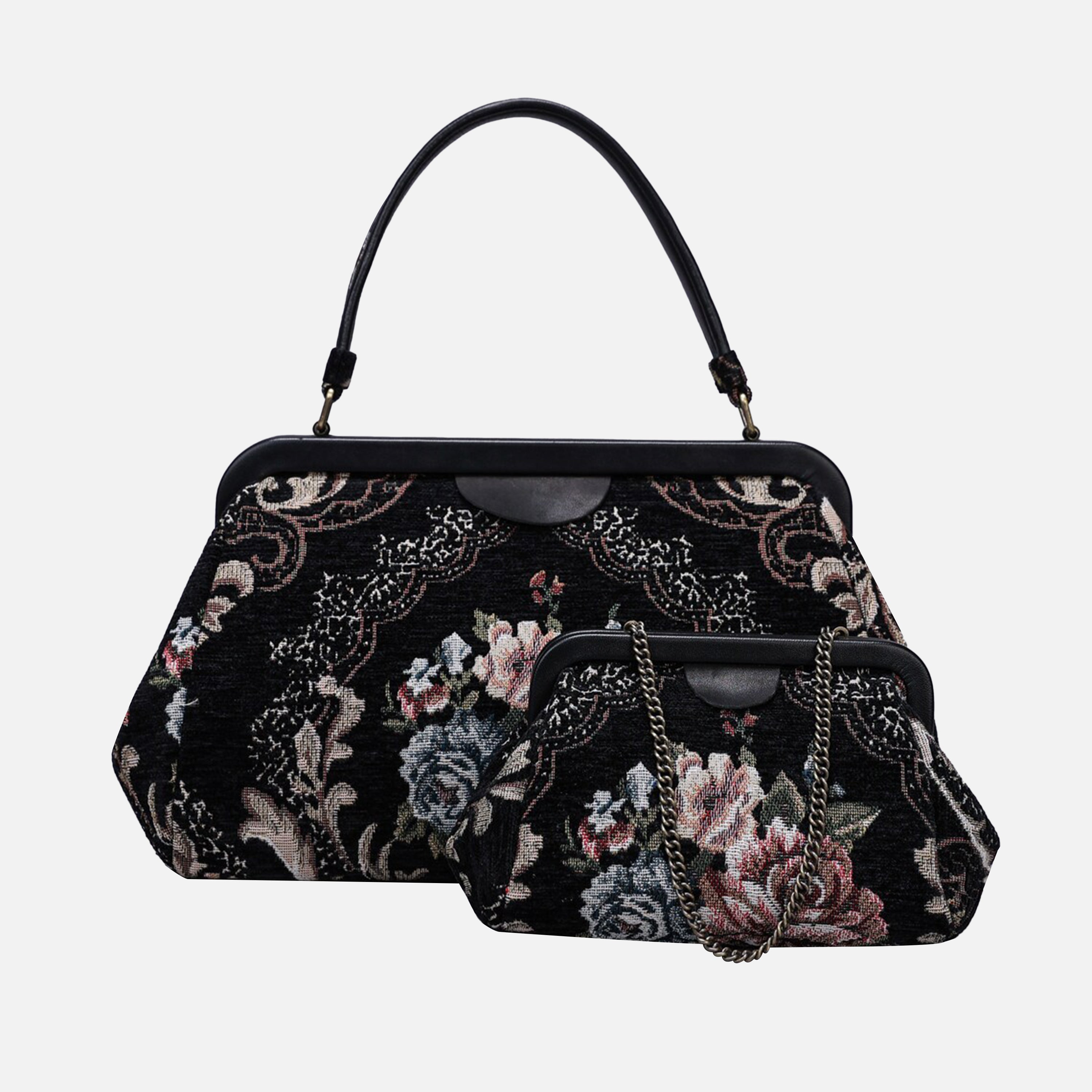 Floral Black Top Handle Purse carpet bag of America different siz