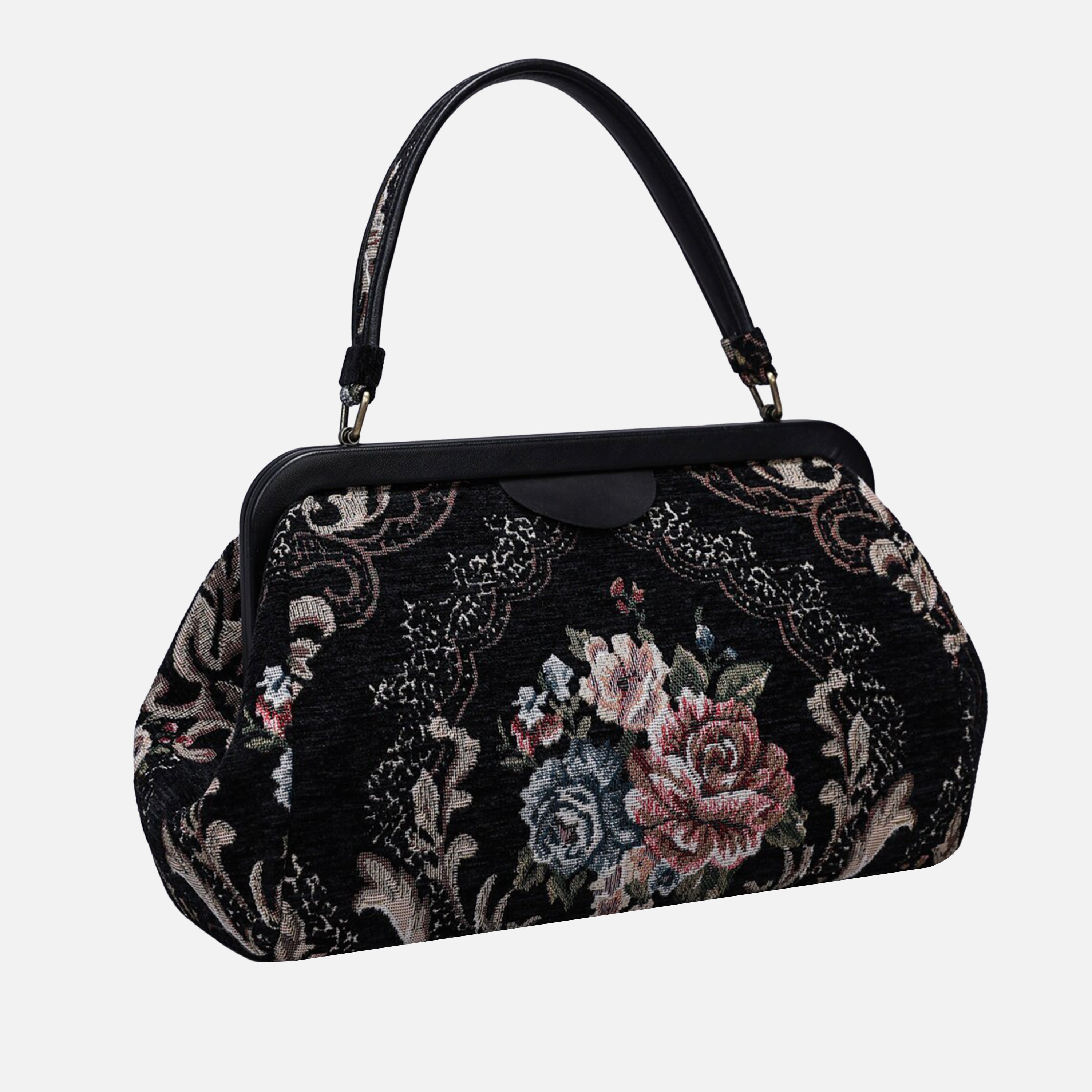 Floral Black Top Handle Purse carpet bag of America front