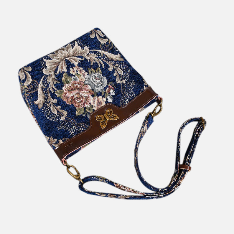 Floral Blue Butterfly Crossbody Bag Carpetbag of America lay flat