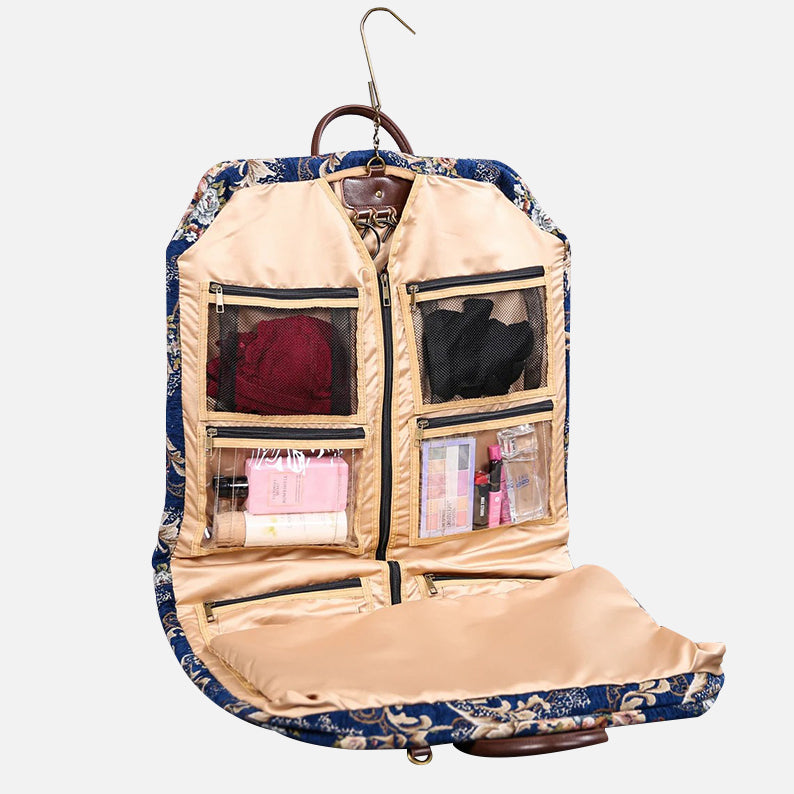 Floral Blue Carpet Garment Bag carpet bag of America in use