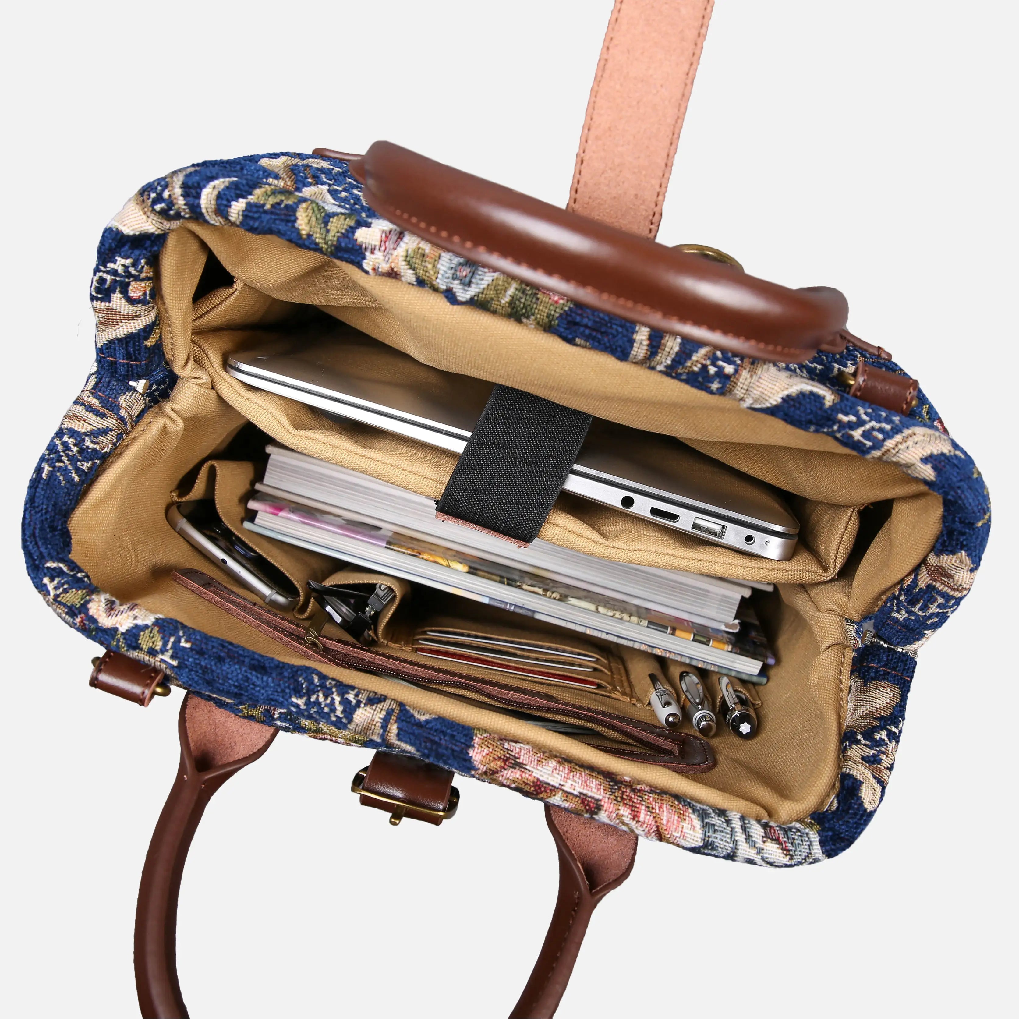 Floral Blue Carpet Laptop Backpack Carpetbag of America in use