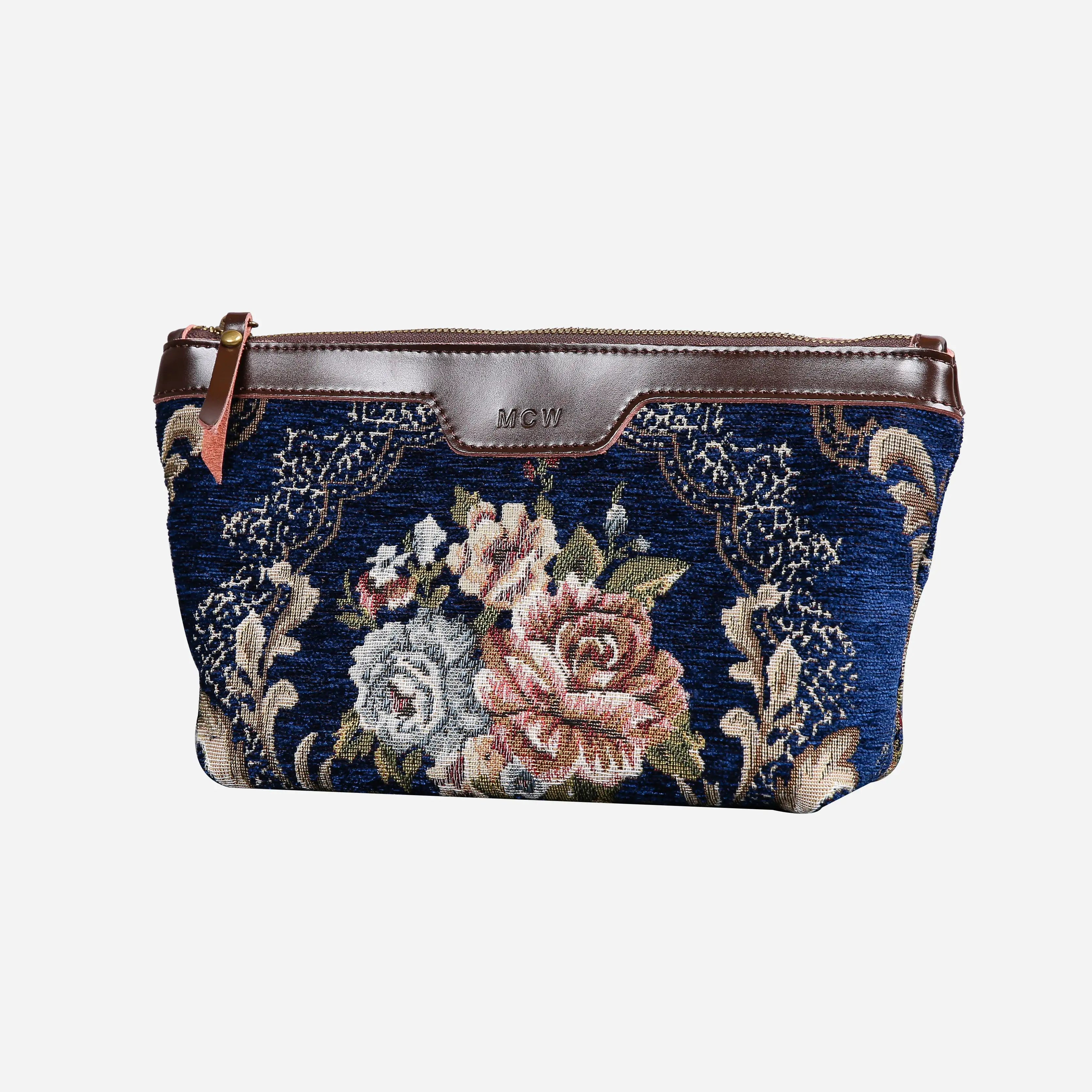 Floral Blue Carpet Makeup Bag carpet bag MCW Handmade of America front