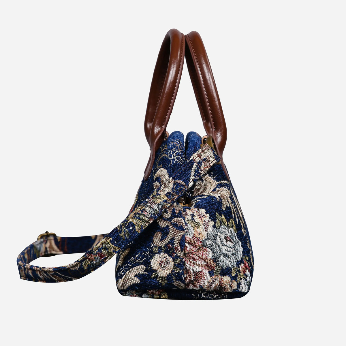 Floral Blue Carpet Satchel carpet bag MCW Handmade of America side