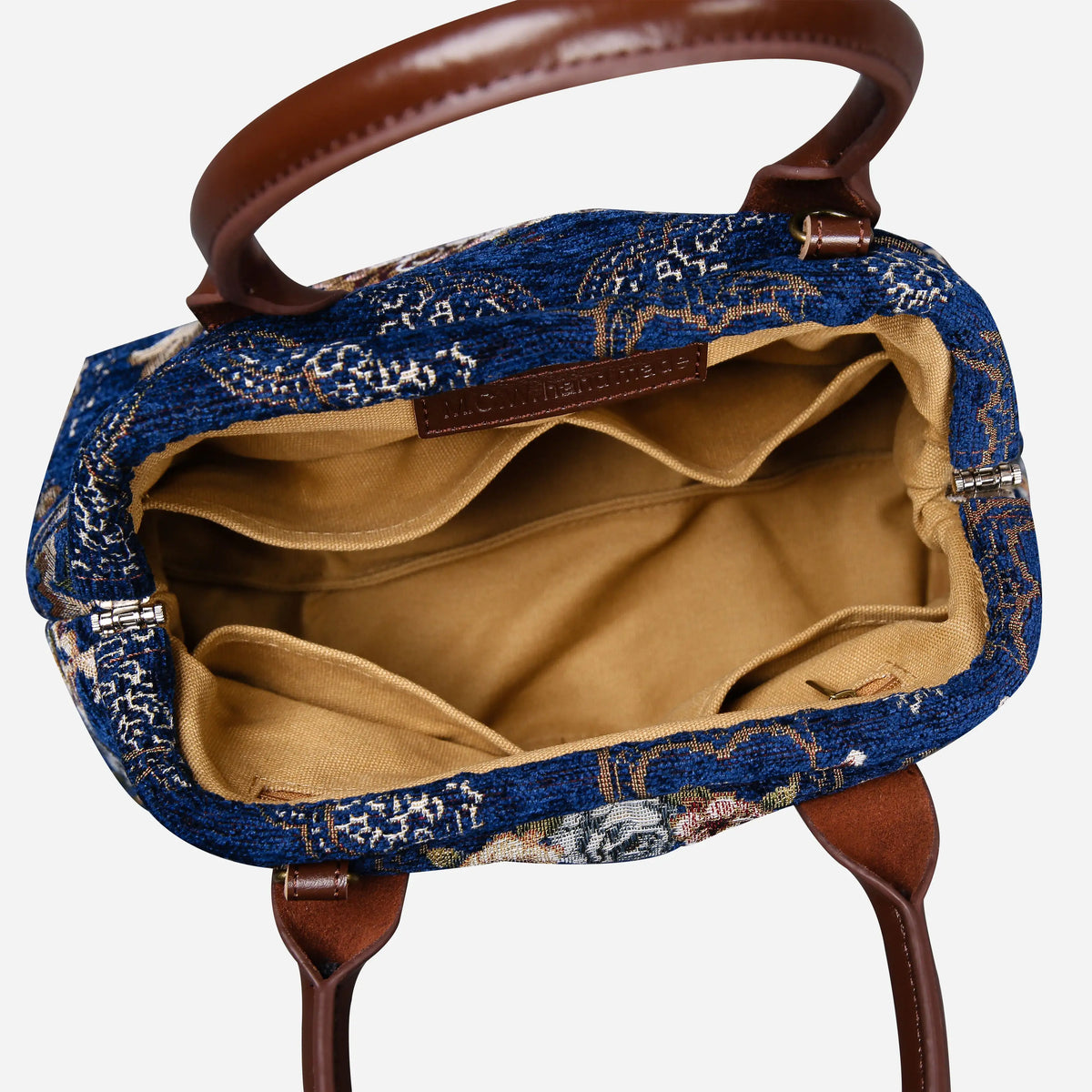 Floral Blue Carpet Satchel carpet bag MCW Handmade of America open