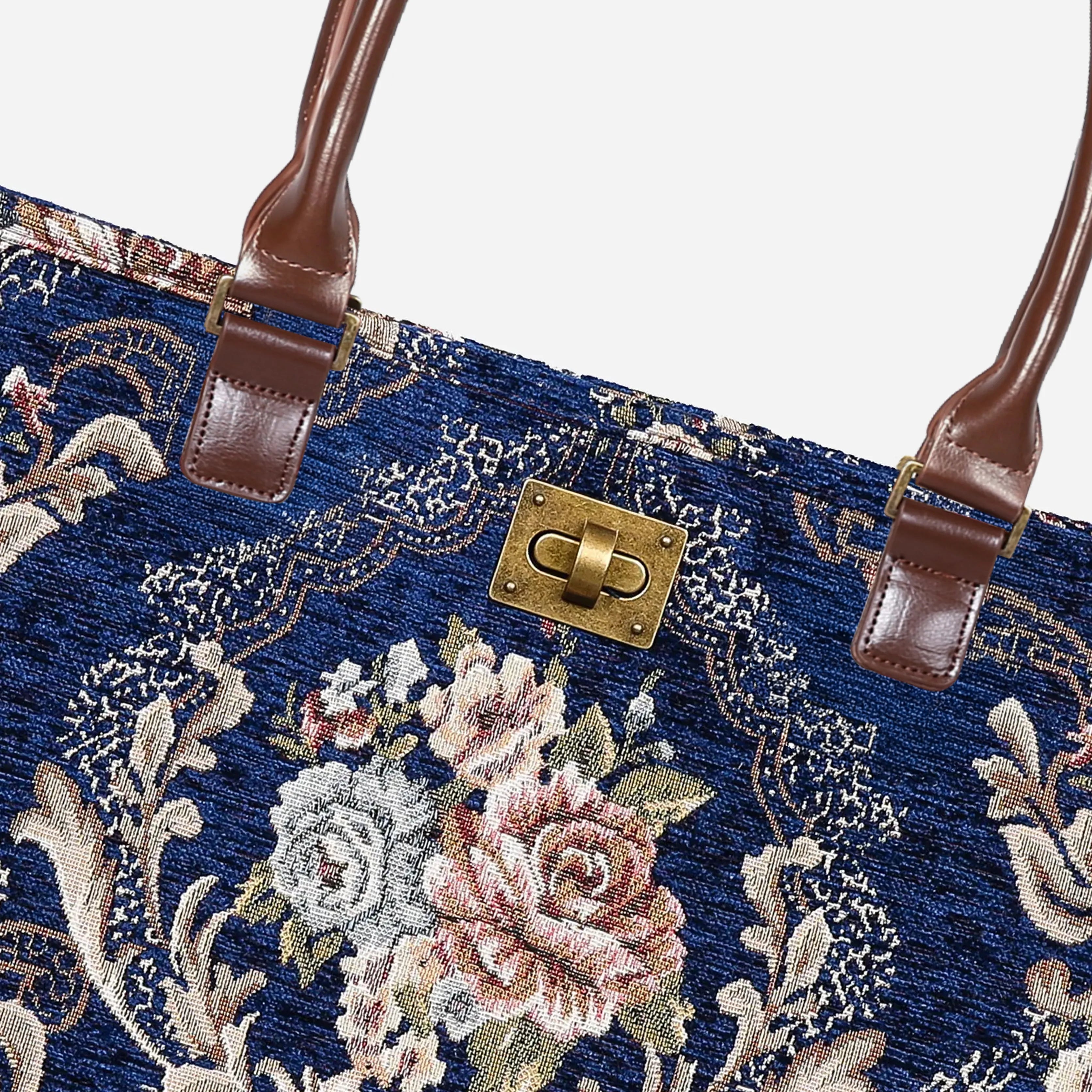Floral Blue Carpet Tote Shopper Carpetbag of America closure