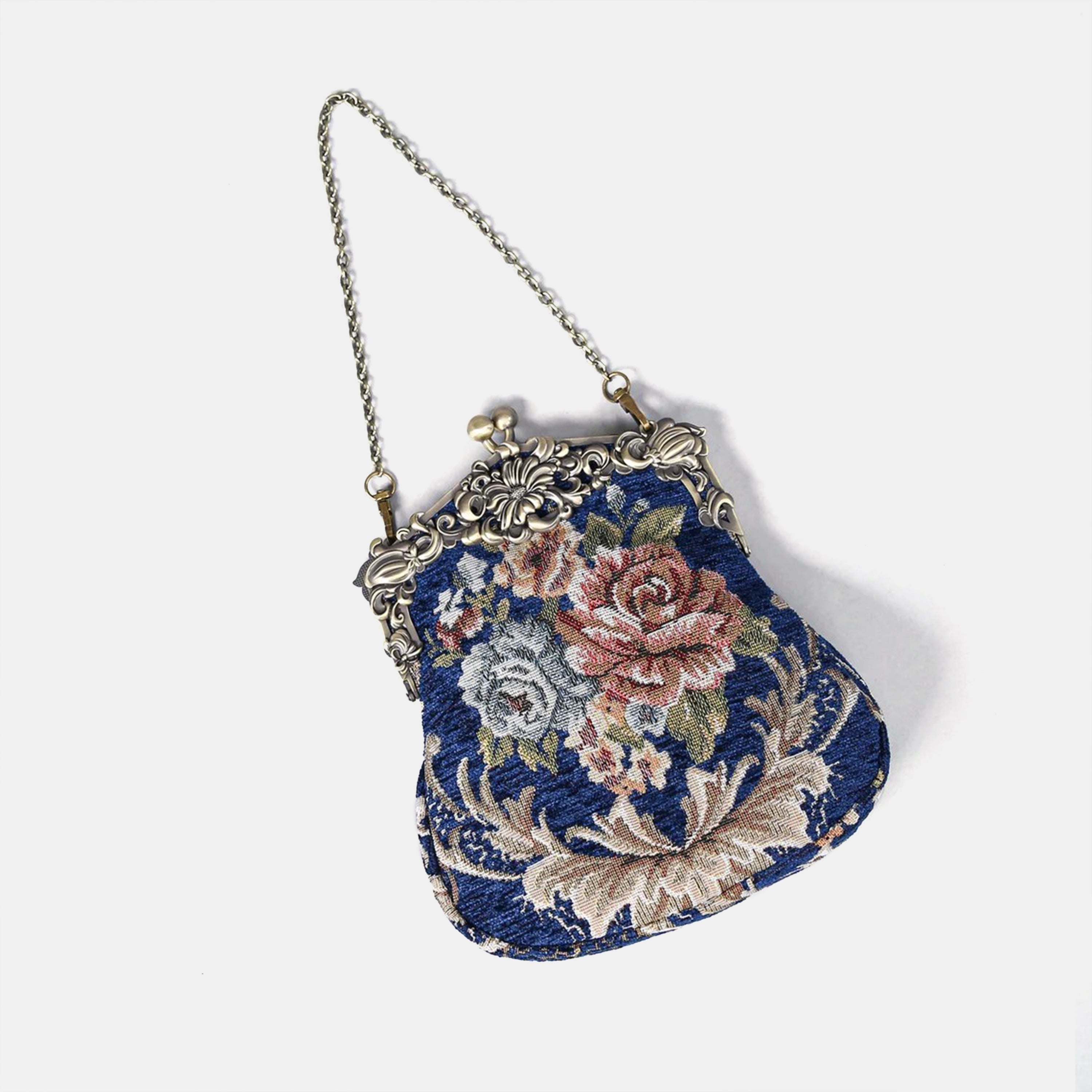 Floral Blue Chatelaine Purse Large carpet bag of America lay flat