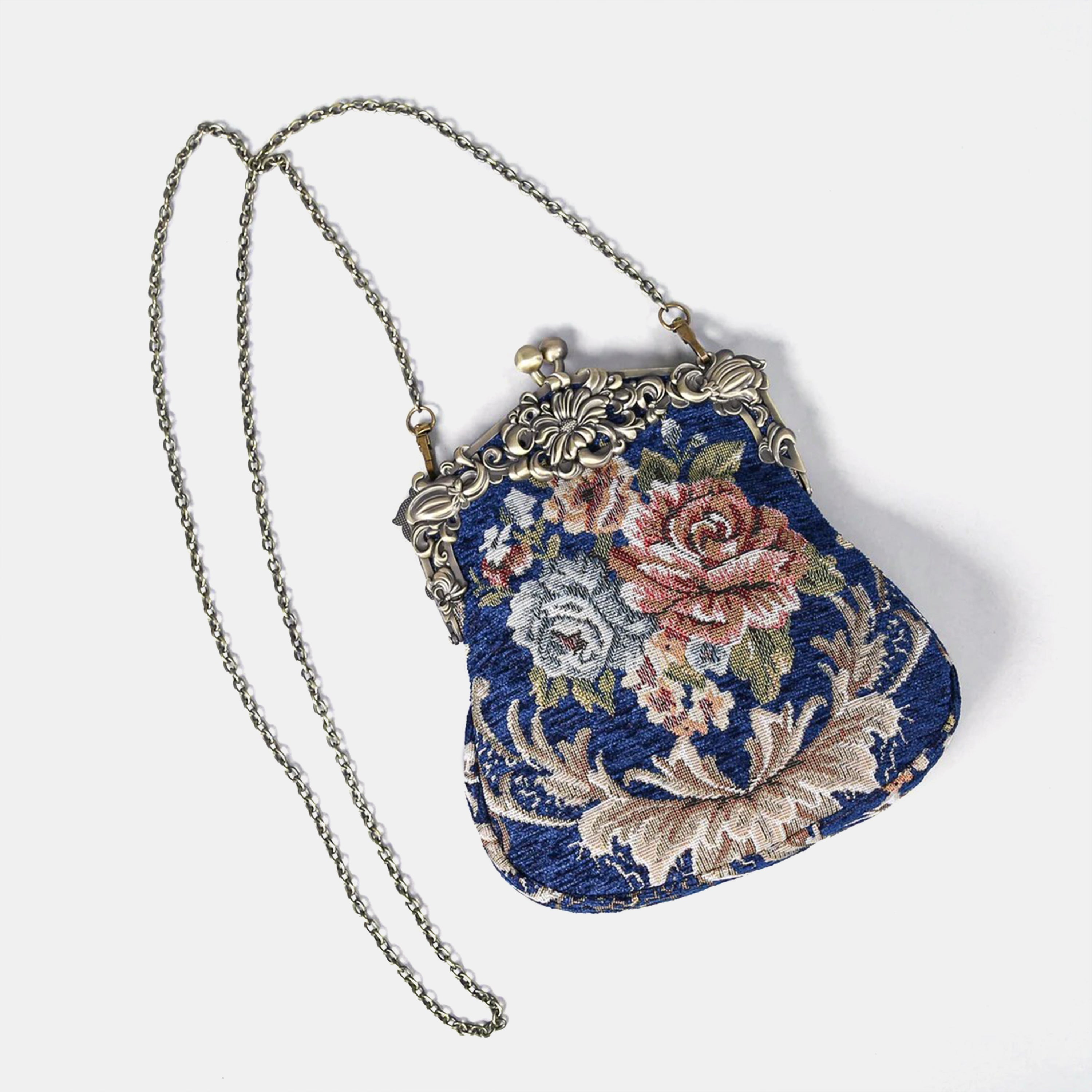 Floral Blue Chatelaine Purse Large carpet bag of America with long chain