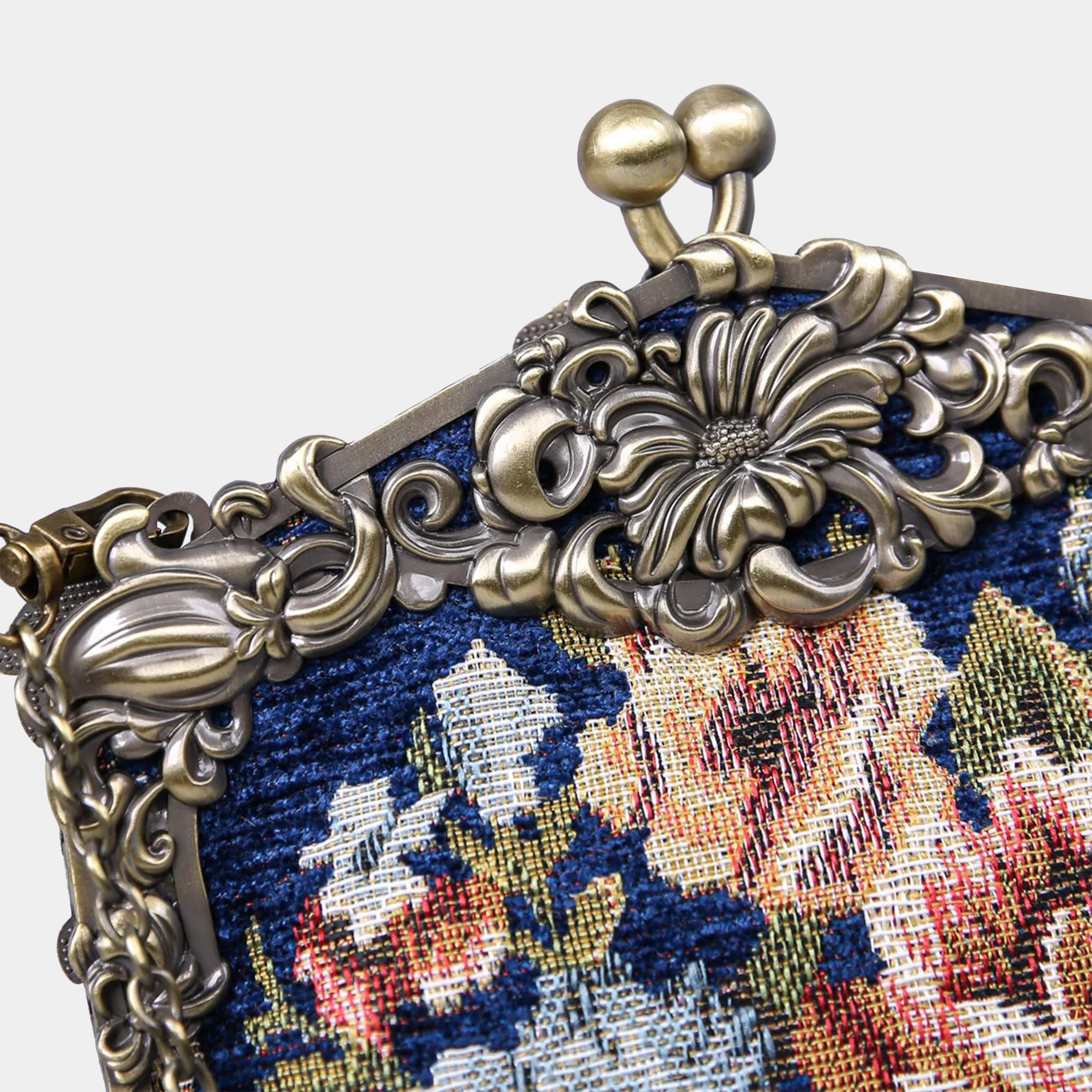 Floral Blue Chatelaine Purse Large carpet bag of America detail