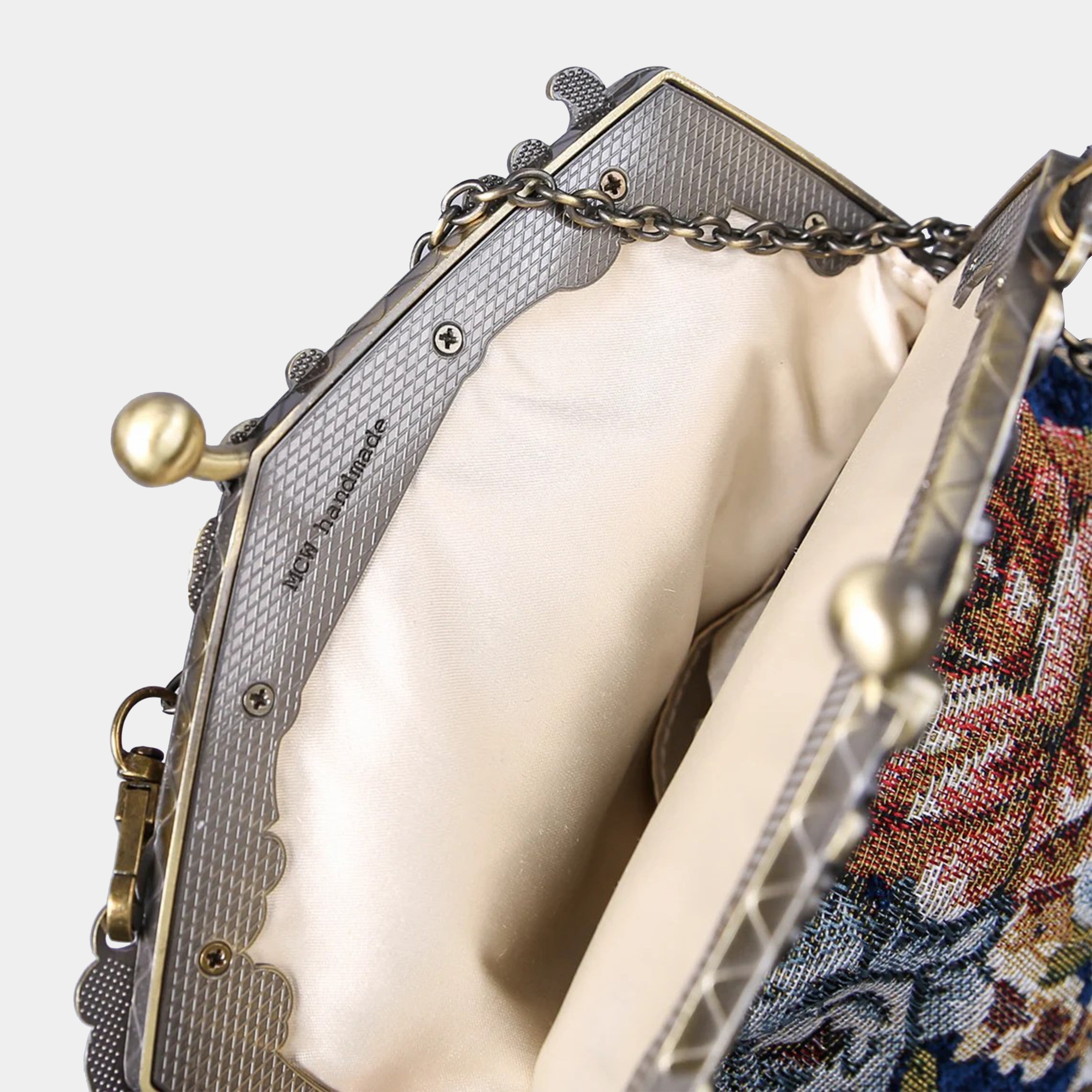 Floral Blue Chatelaine Purse Large carpet bag of America logo