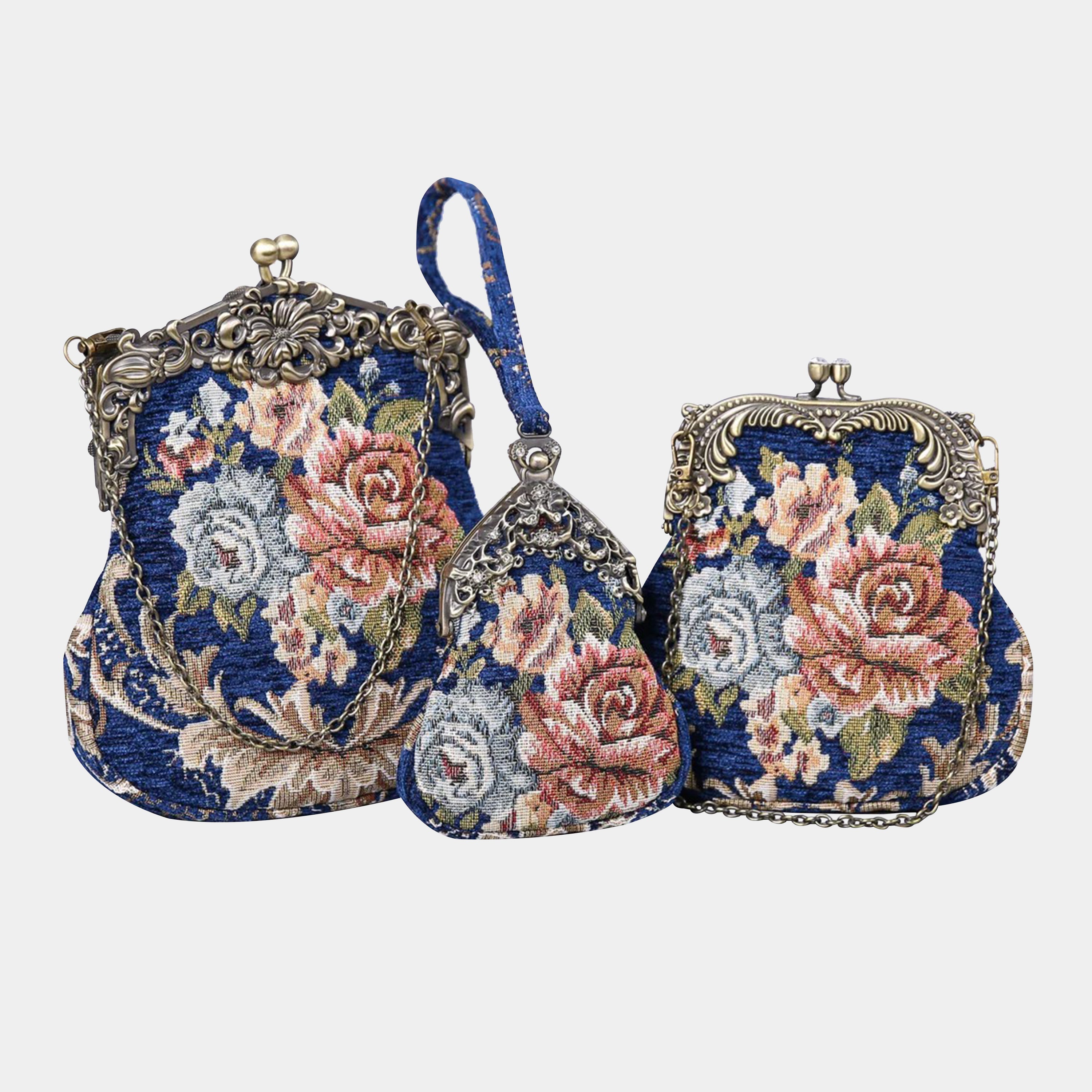 Floral Blue Chatelaine Purse Large carpet bag of America different size