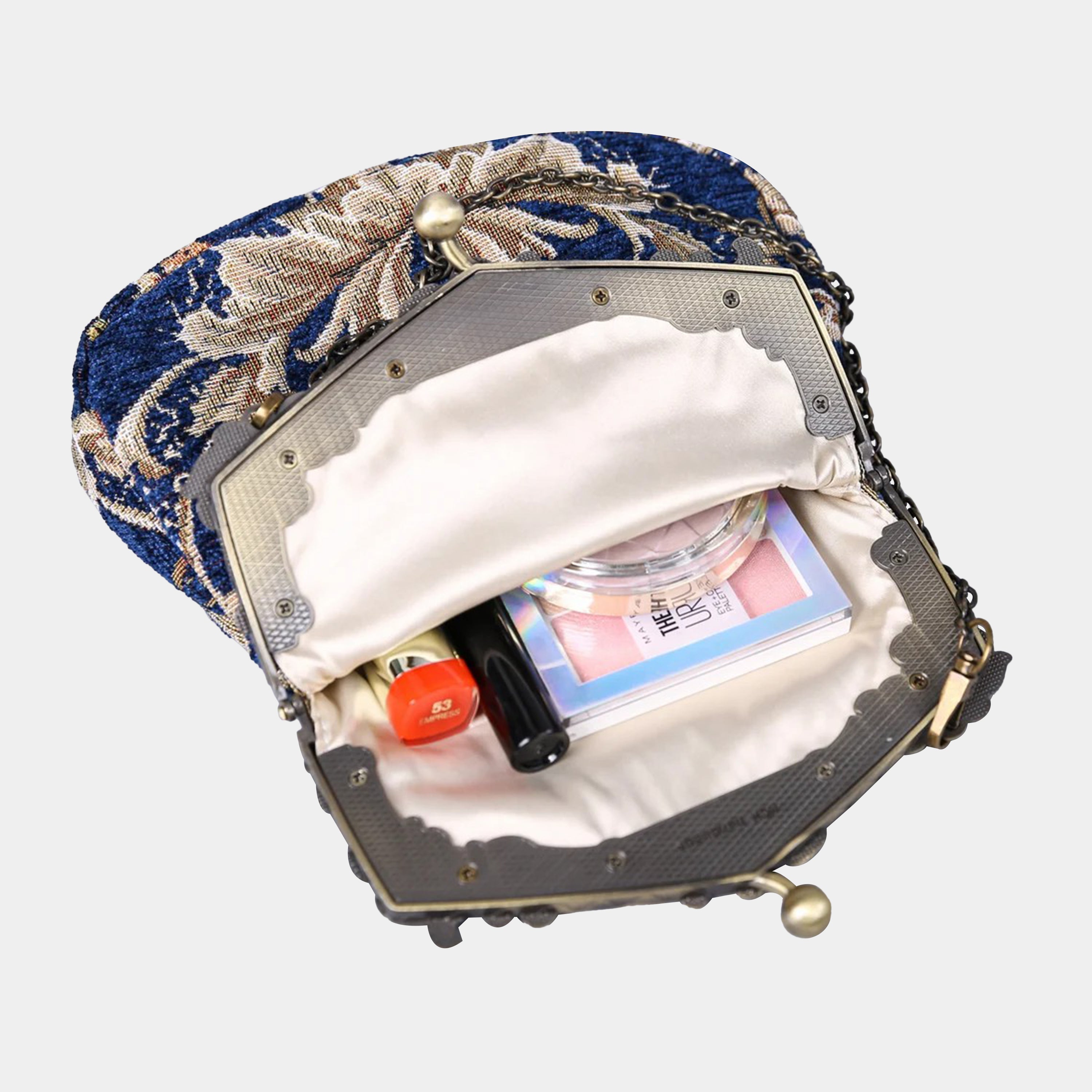 Floral Blue Chatelaine Purse Large carpet bag of America in use