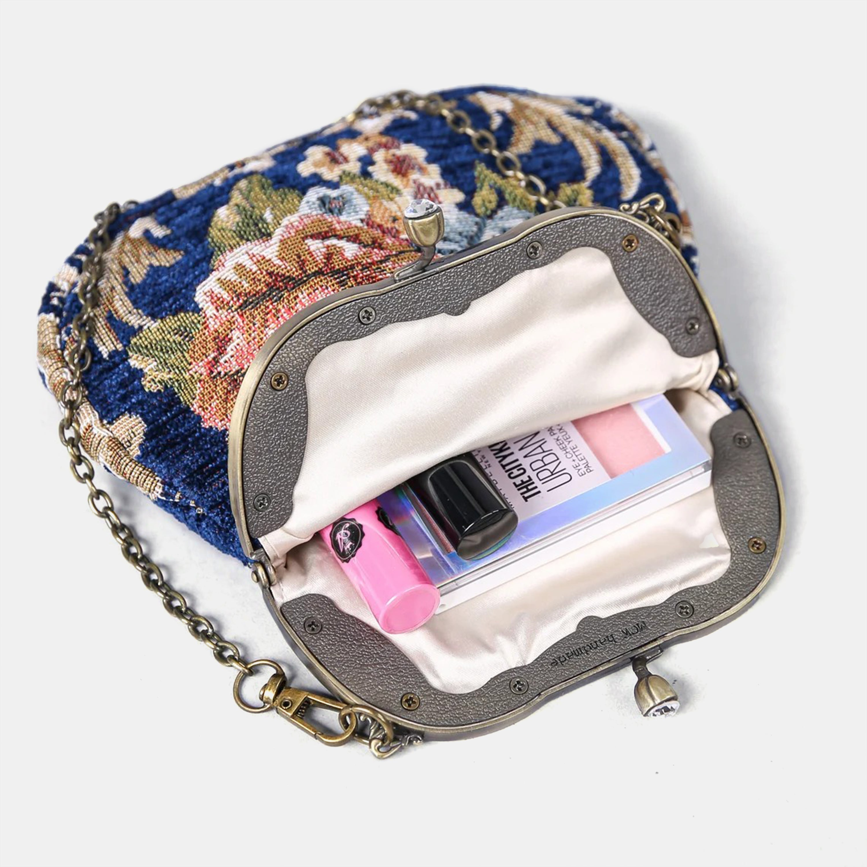 Floral Blue Chatelaine Purse Medium carpet bag of America inside