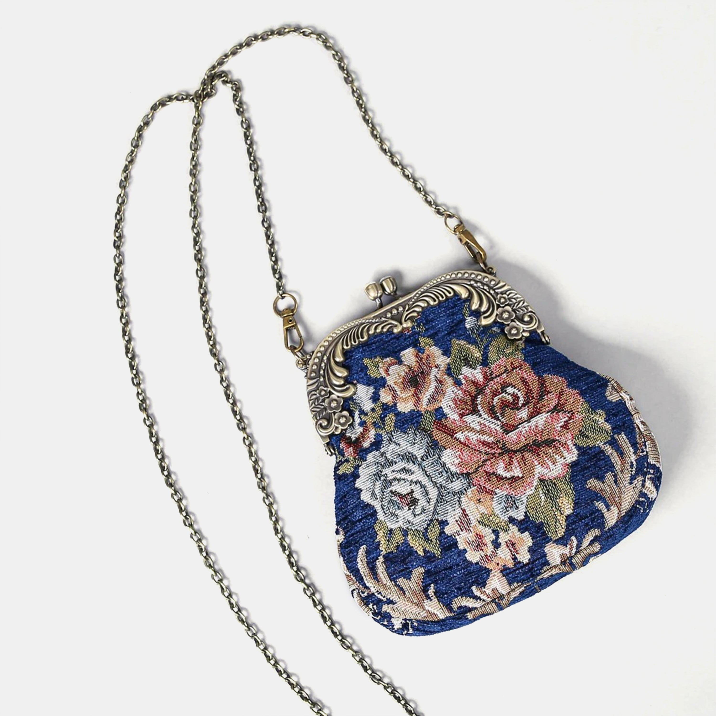 Floral Blue Chatelaine Purse Medium carpet bag of America with chain